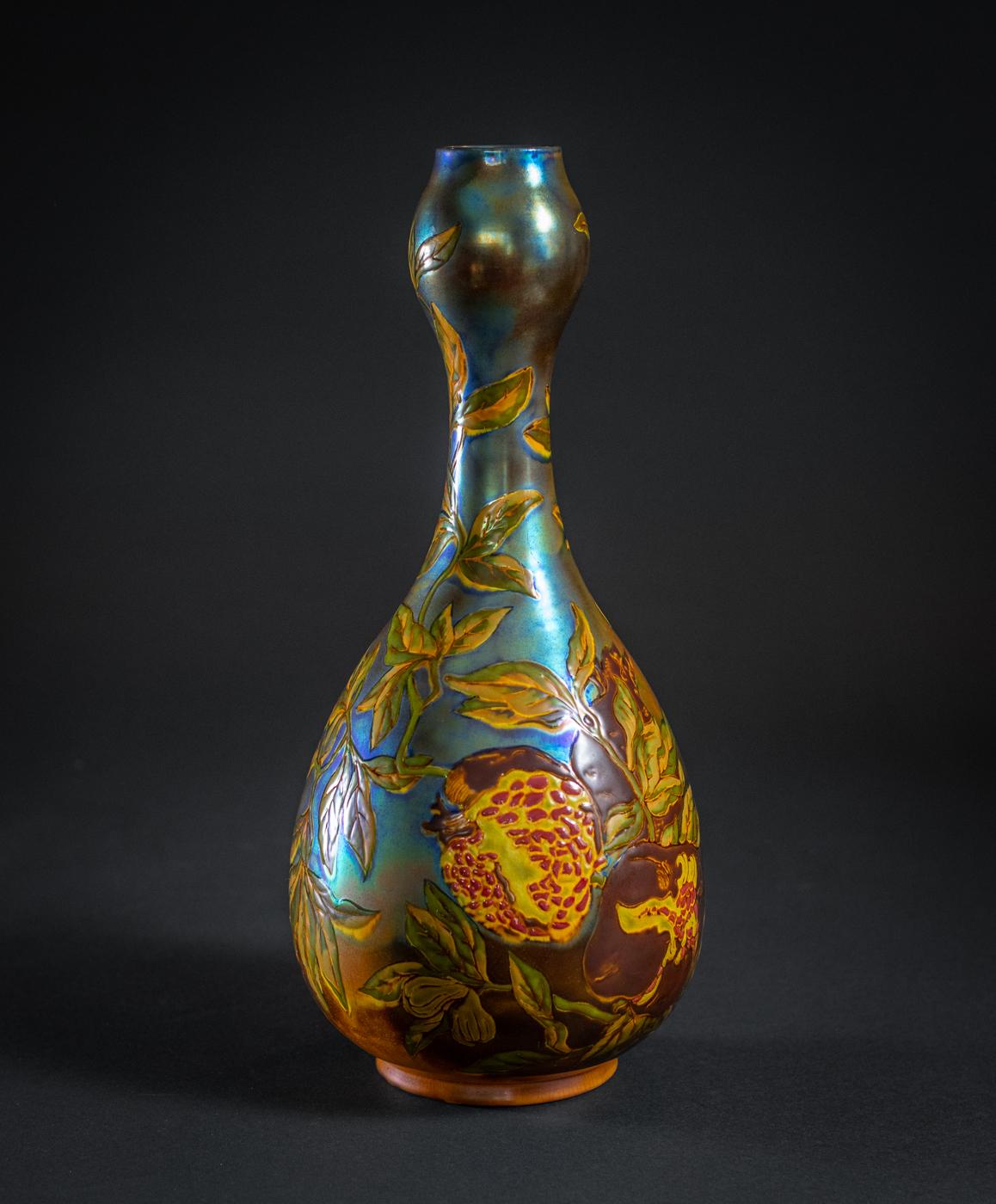 Glazed Art Nouveau Pomegranate Vase by Táde Sikorsky for Zsolnay For Sale