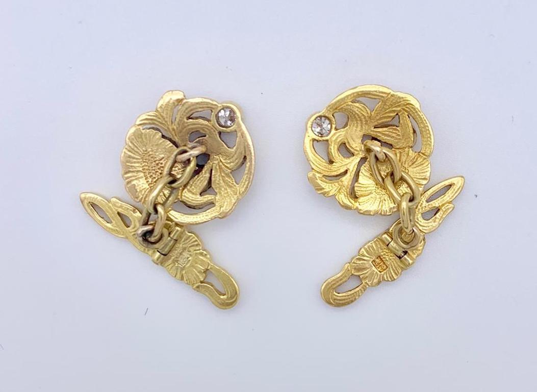 Art nouveau Boutons de manchette Art Nouveau fleur coquelicot en or et diamants en vente