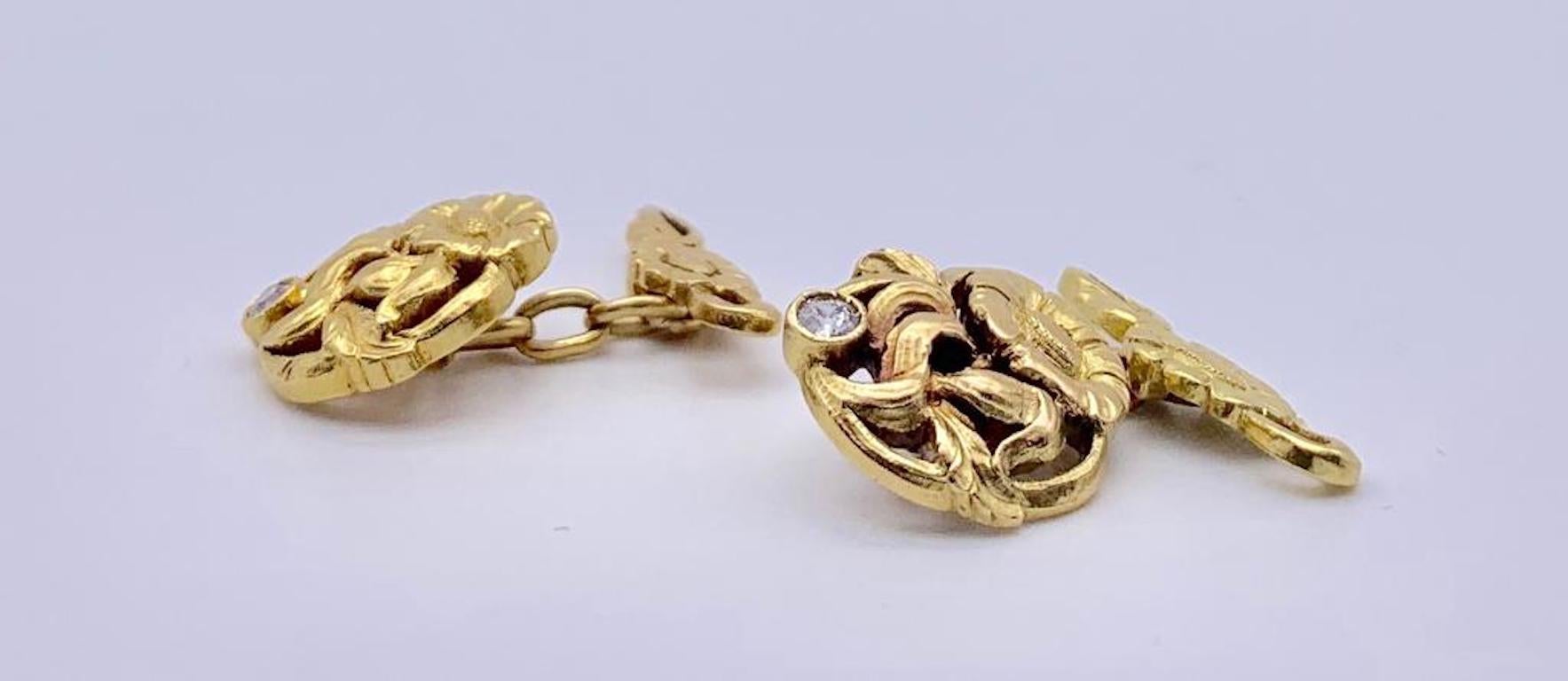 De los hombres Art Nouveau Gemelos de oro con diamantes Flor de amapola en venta