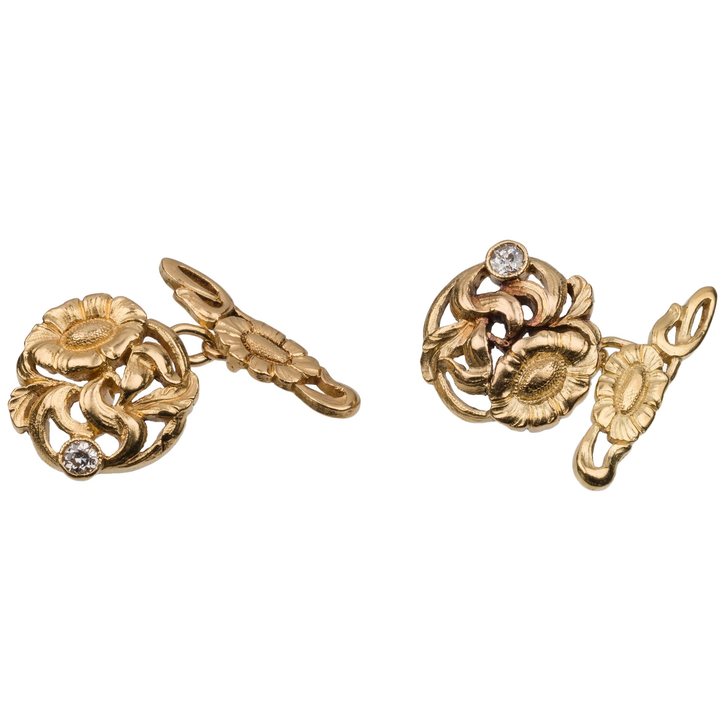 Art Nouveau Poppy Flower Diamond Gold Cufflinks