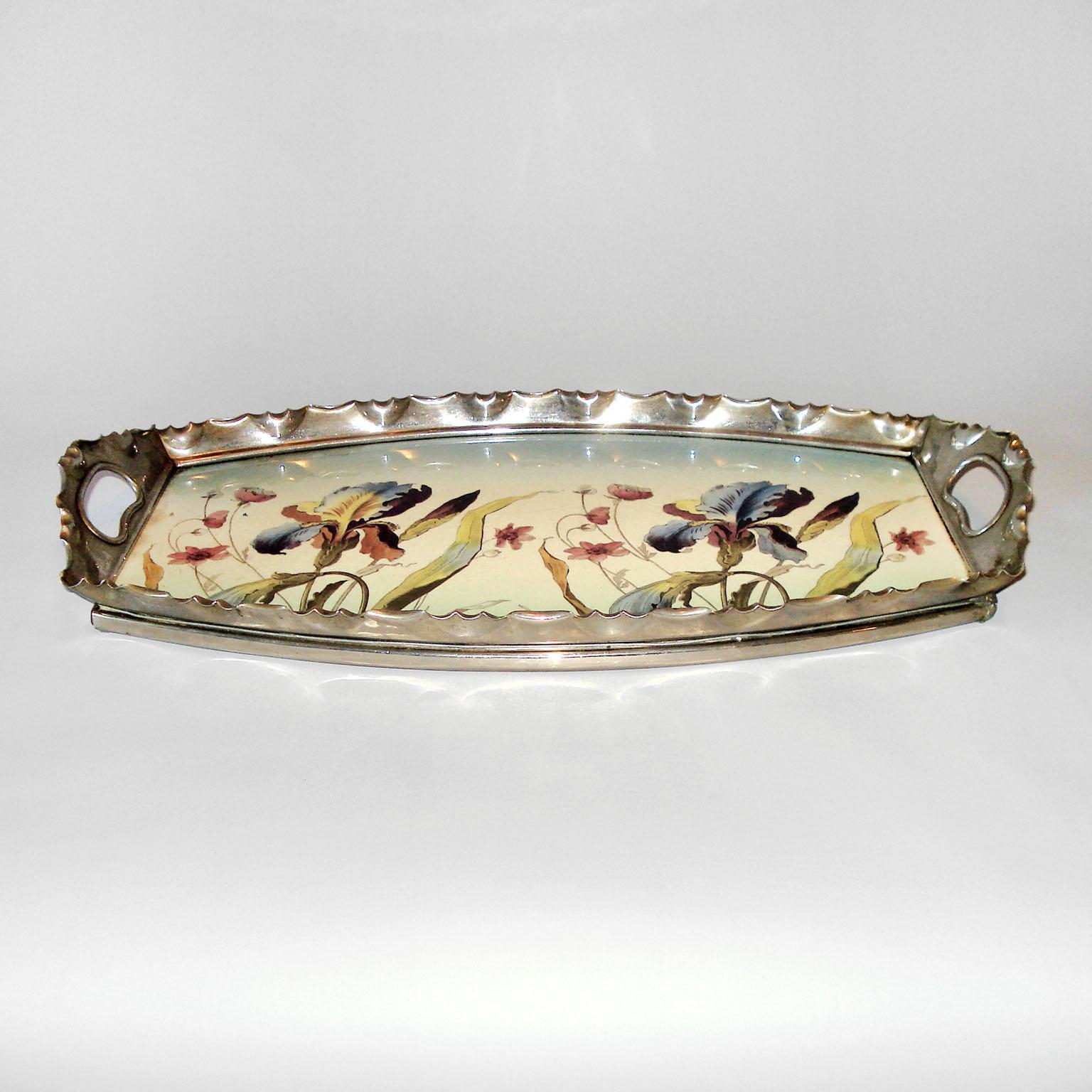 Art Nouveau Porcelain and Pewter Tray by Max Dannhorn, Villeroy & Boch In Good Condition In Bochum, NRW
