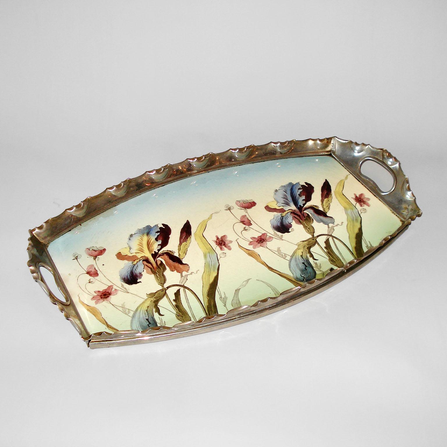 Early 20th Century Art Nouveau Porcelain and Pewter Tray by Max Dannhorn, Villeroy & Boch