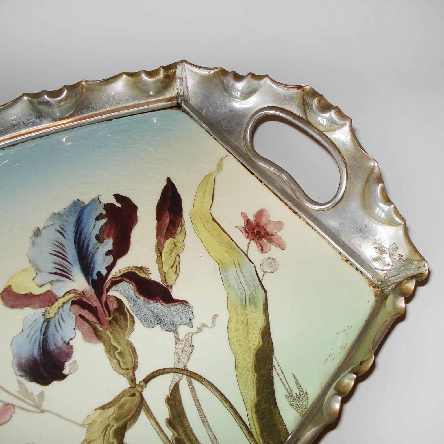Art Nouveau Porcelain and Pewter Tray by Max Dannhorn, Villeroy & Boch 1