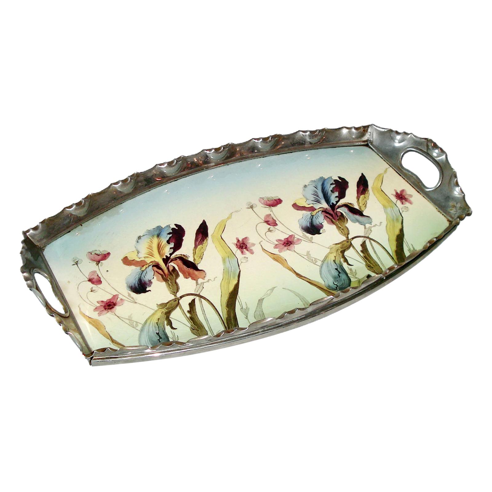 Art Nouveau Porcelain and Pewter Tray by Max Dannhorn, Villeroy & Boch