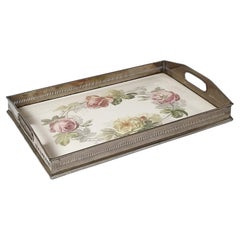 Antique Art Nouveau Porcelain and Pewter Tray by Villeroy & Boch, Late 19th Century