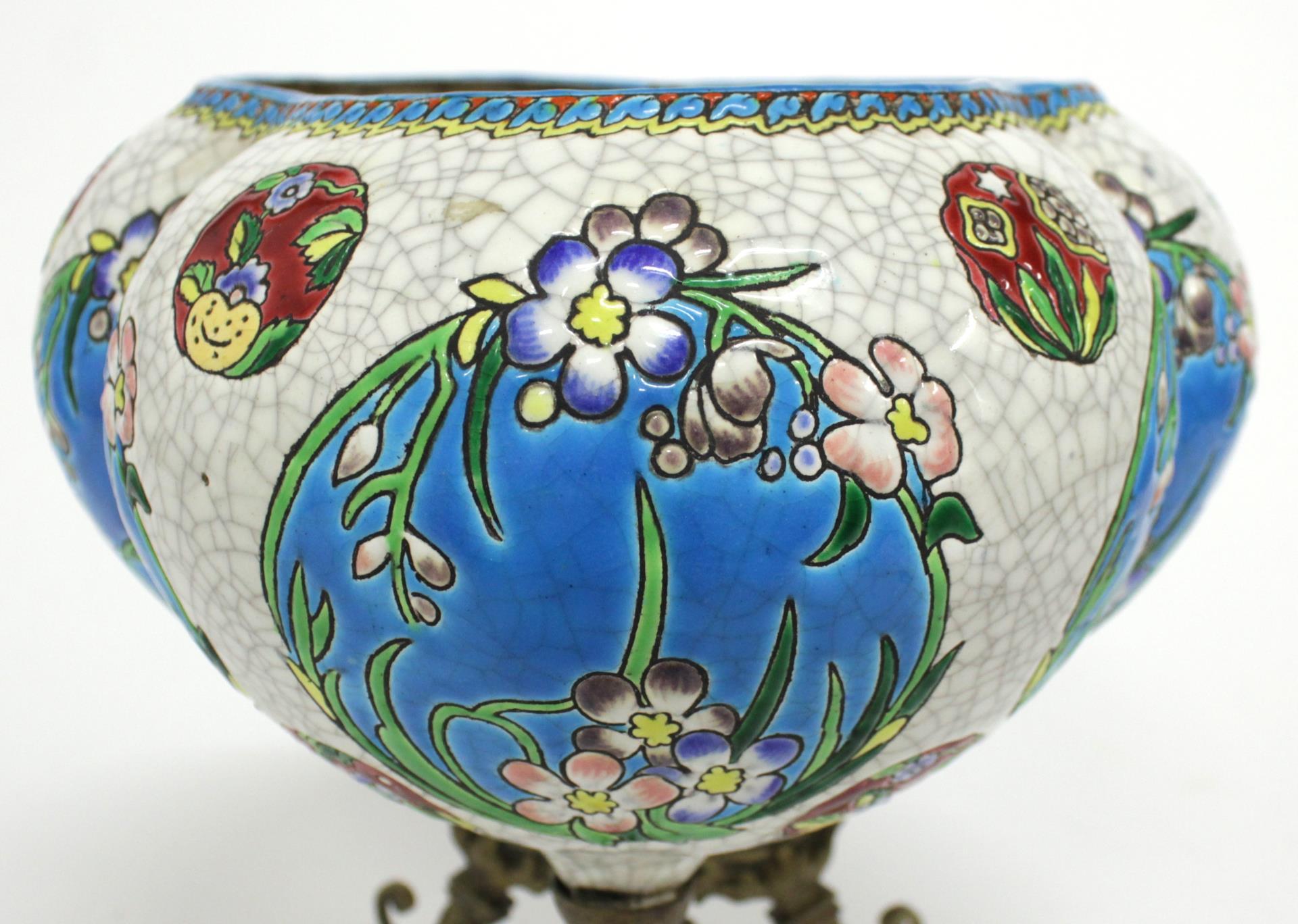 European Art Nouveau Porcelain & Brass Vase In Longwy Style