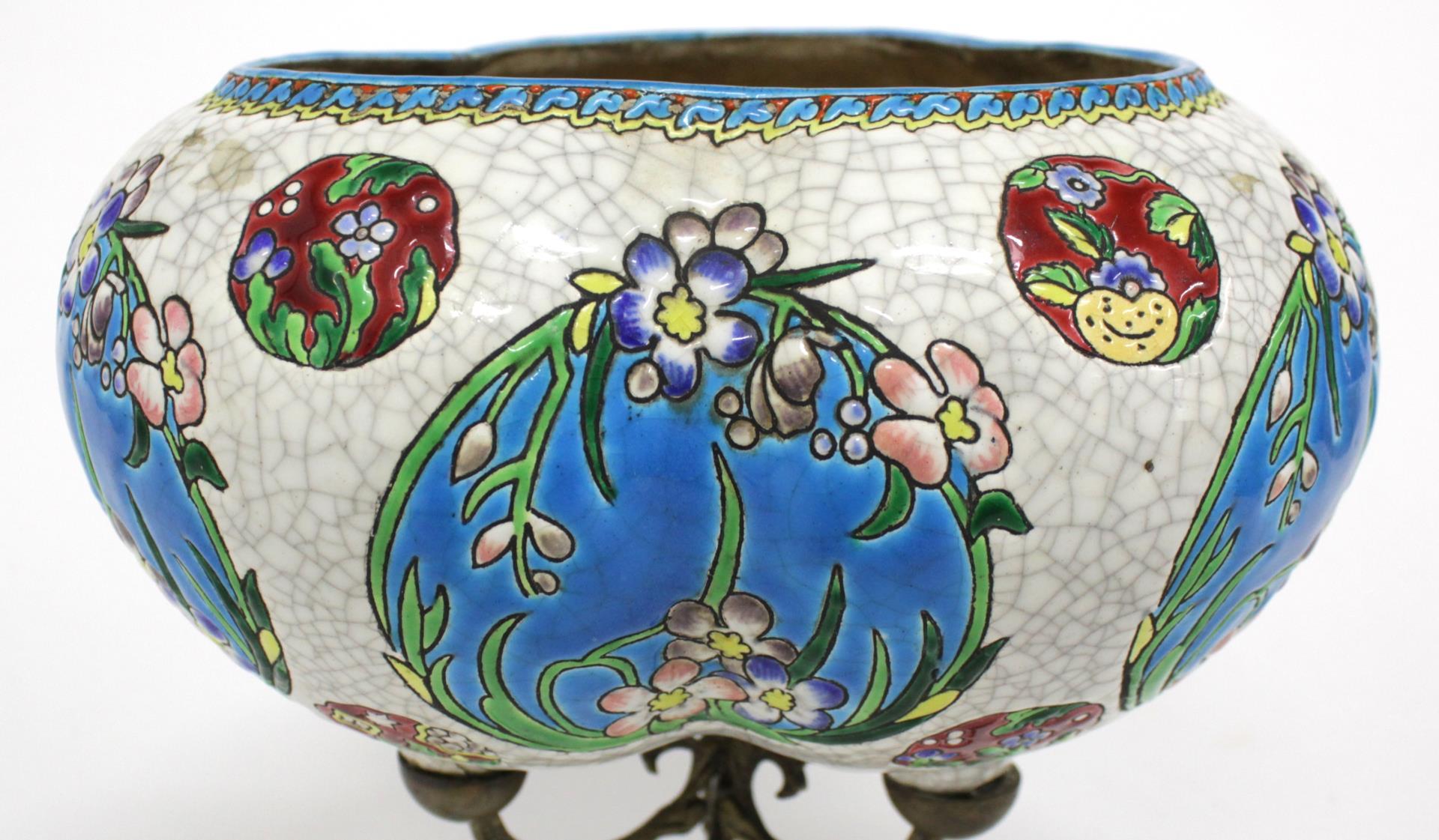 Enameled Art Nouveau Porcelain & Brass Vase in Longwy Style