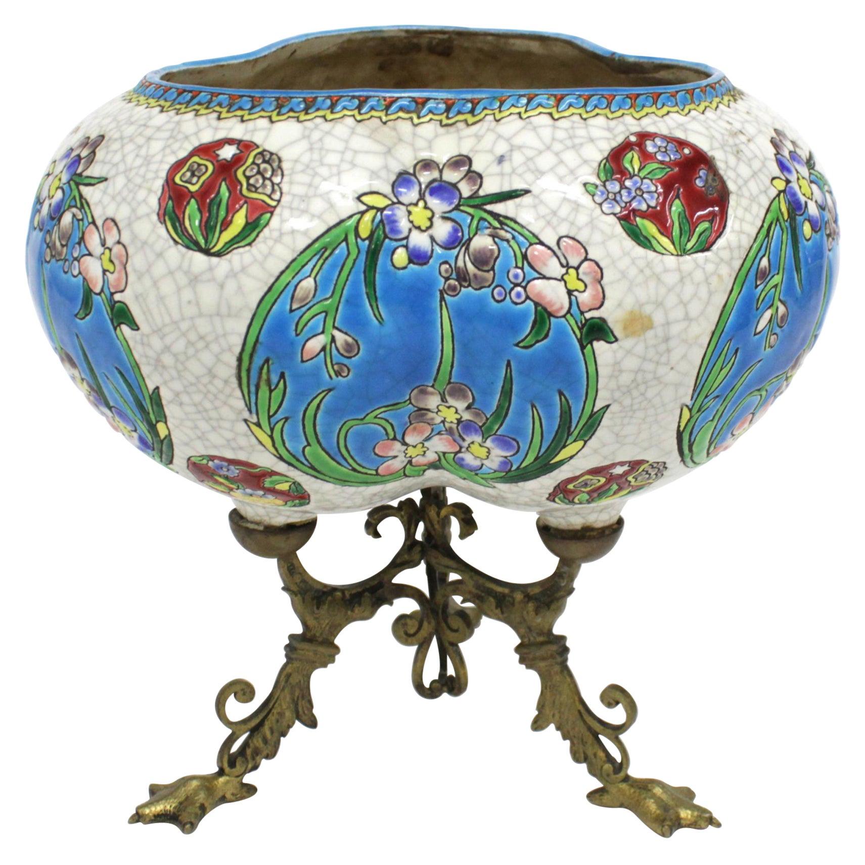 Art Nouveau Porcelain & Brass Vase in Longwy Style