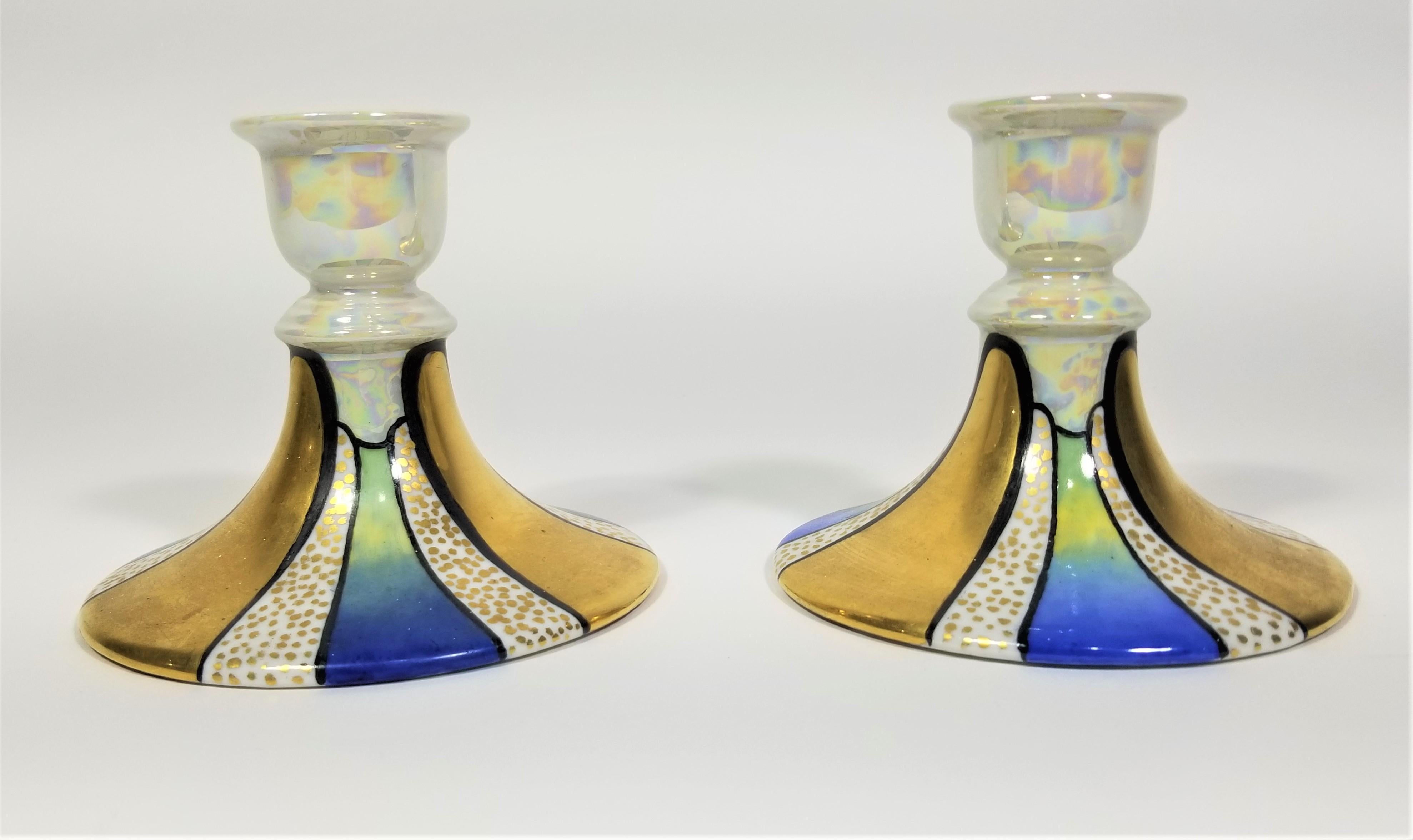 Hand-Painted Art Nouveau Porcelain Candle Holders, German Bavaria Artist Signed Dated 1934 For Sale