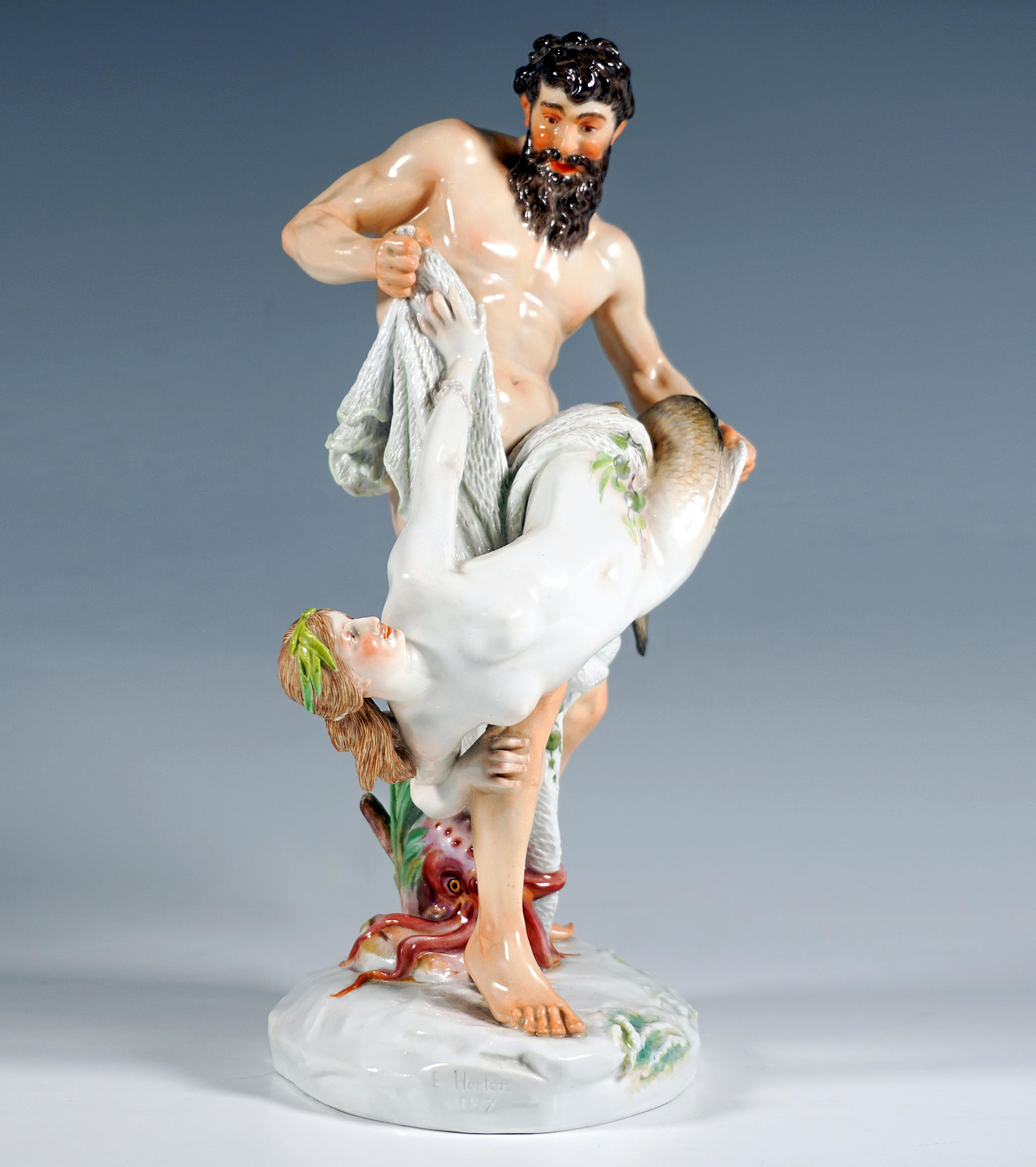 Exquisite Large Meissen Art Nouveau Porcelain Group:
Exceptional detailed depiction of an unclothed sturdy fisherman with thick beard, freeing his catch, a beautiful mermaid adorned with pearl ribbons and aquatic plants with two intertwined fin