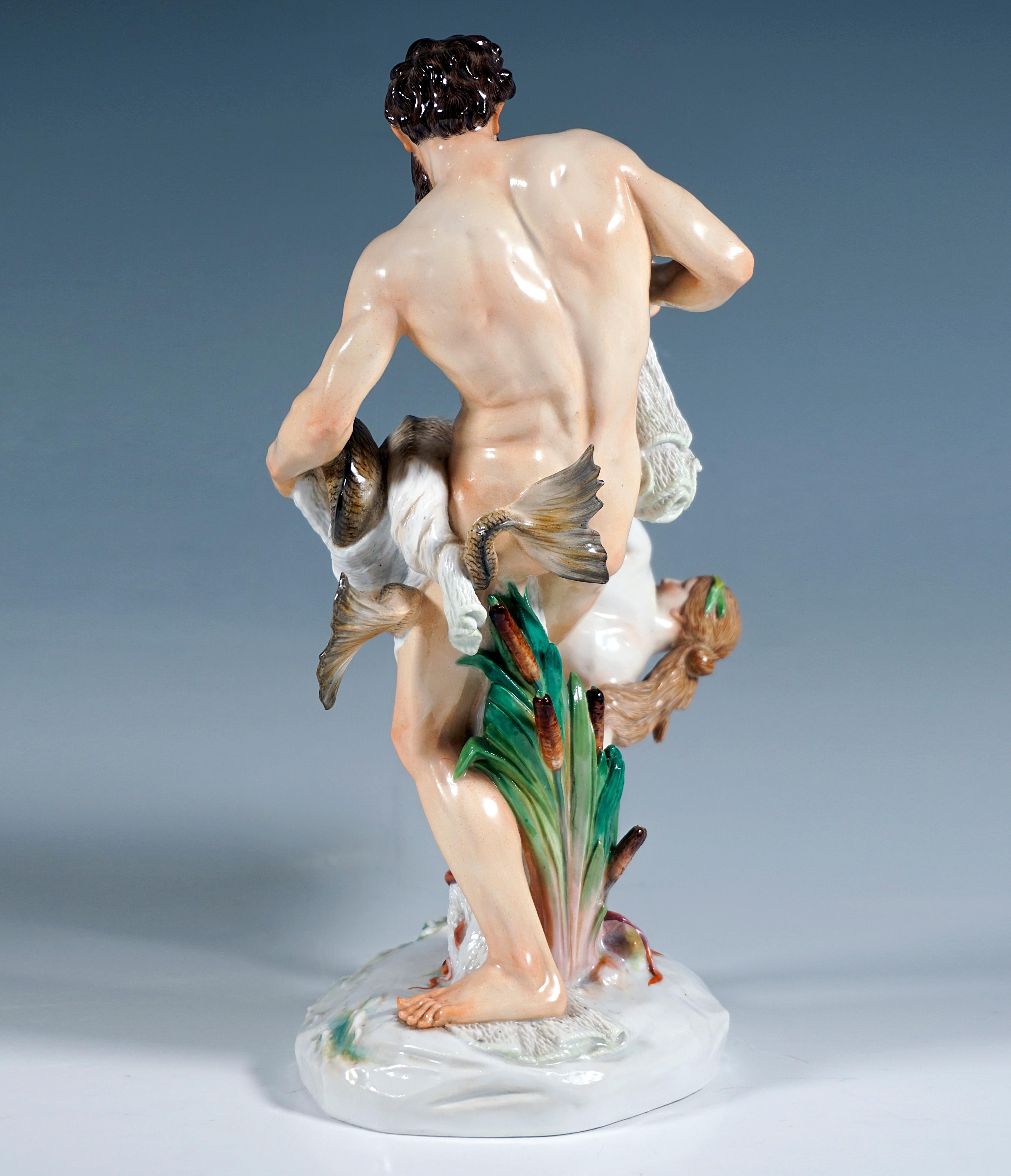 Hand-Crafted Art Nouveau Porcelain Group 'The Mermaid Catch', by E. Herter, Meissen Ca 1900 For Sale