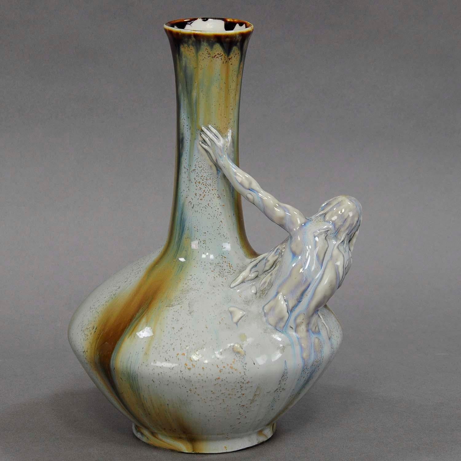 Cast Art Nouveau Porcellain Vase with Neptun Sculpture, ca. 1900 For Sale