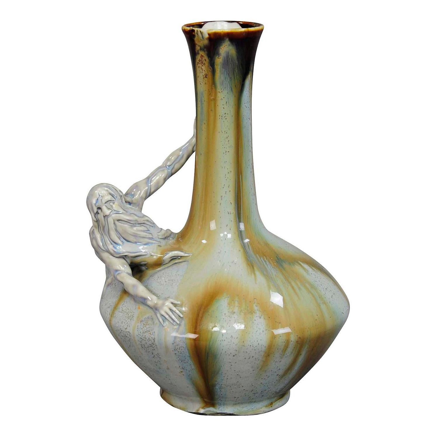 Vase Art Nouveau en porcelaine avec sculpture de Neptune, vers 1900
