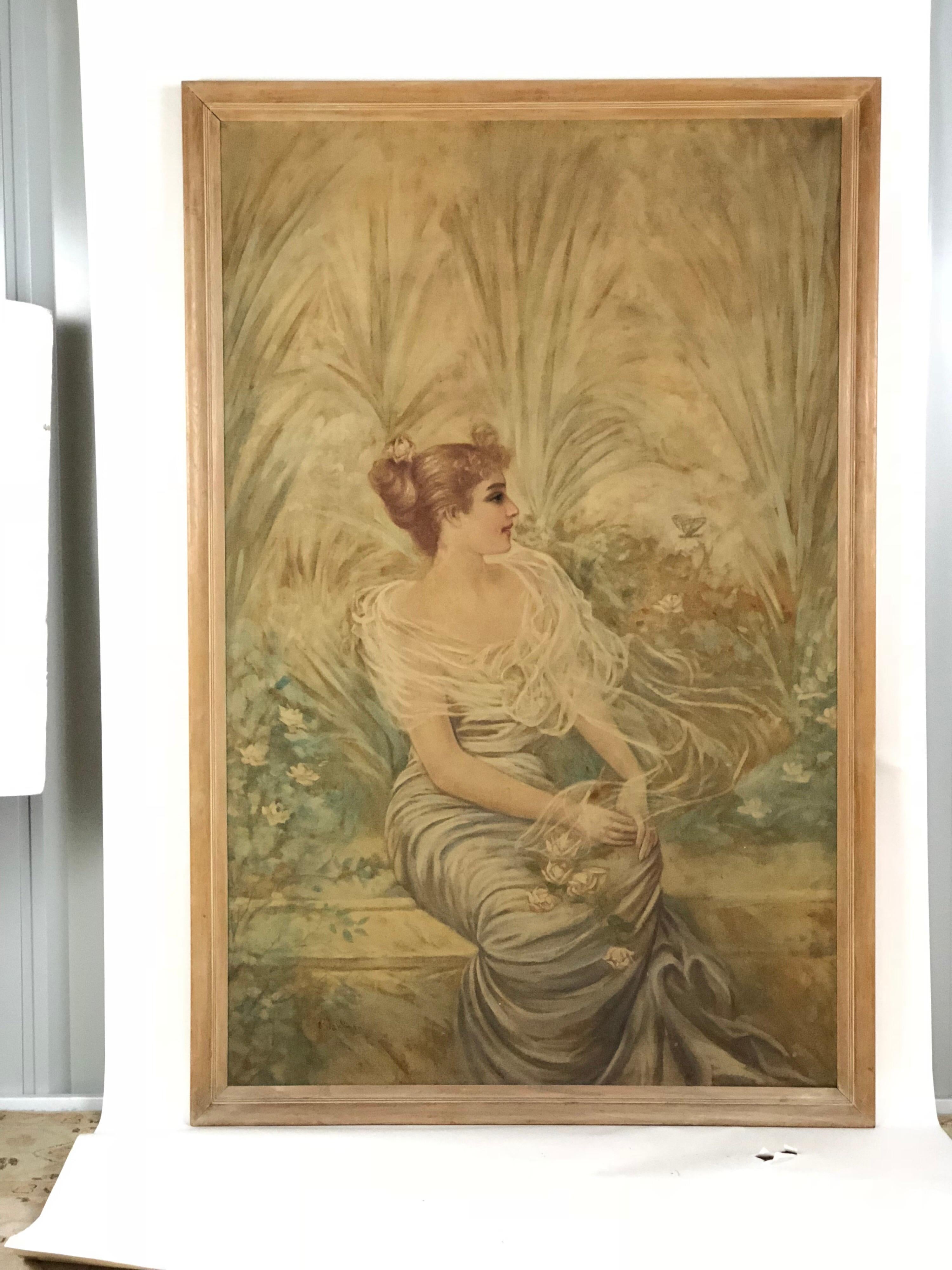 Gartenporträt einer Dame aus dem späten 19. oder frühen 20. Jahrhundert, gemalt in der Zeit des Jugendstils. Stilisierte Palmen dienen als elegante Kulisse für eine sitzende Erbin, die in zarten Pastellfarben gemalt und von Pflanzen umgeben ist. Das