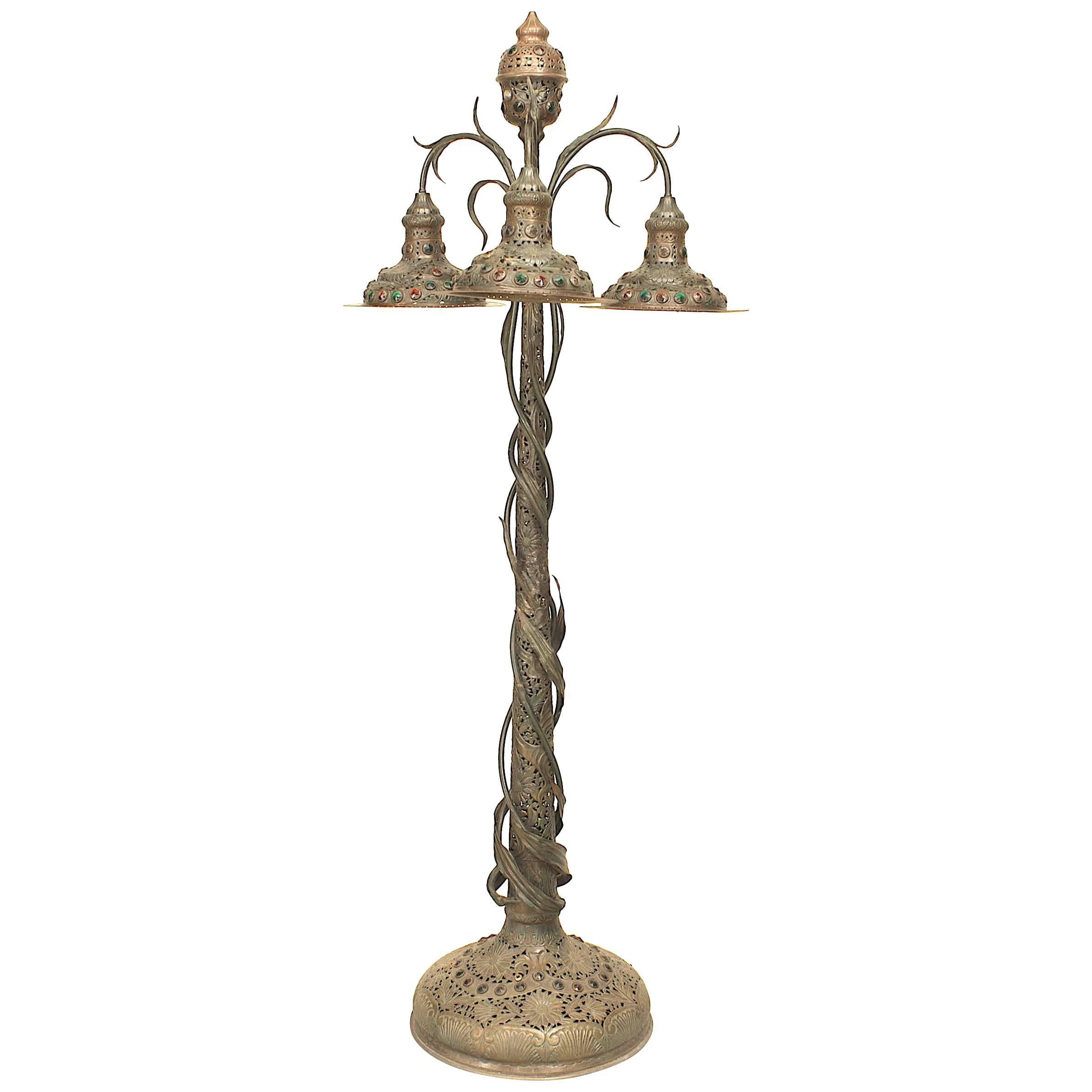 Art Nouveau Patinated Metal Jeweled Floor Lamp
