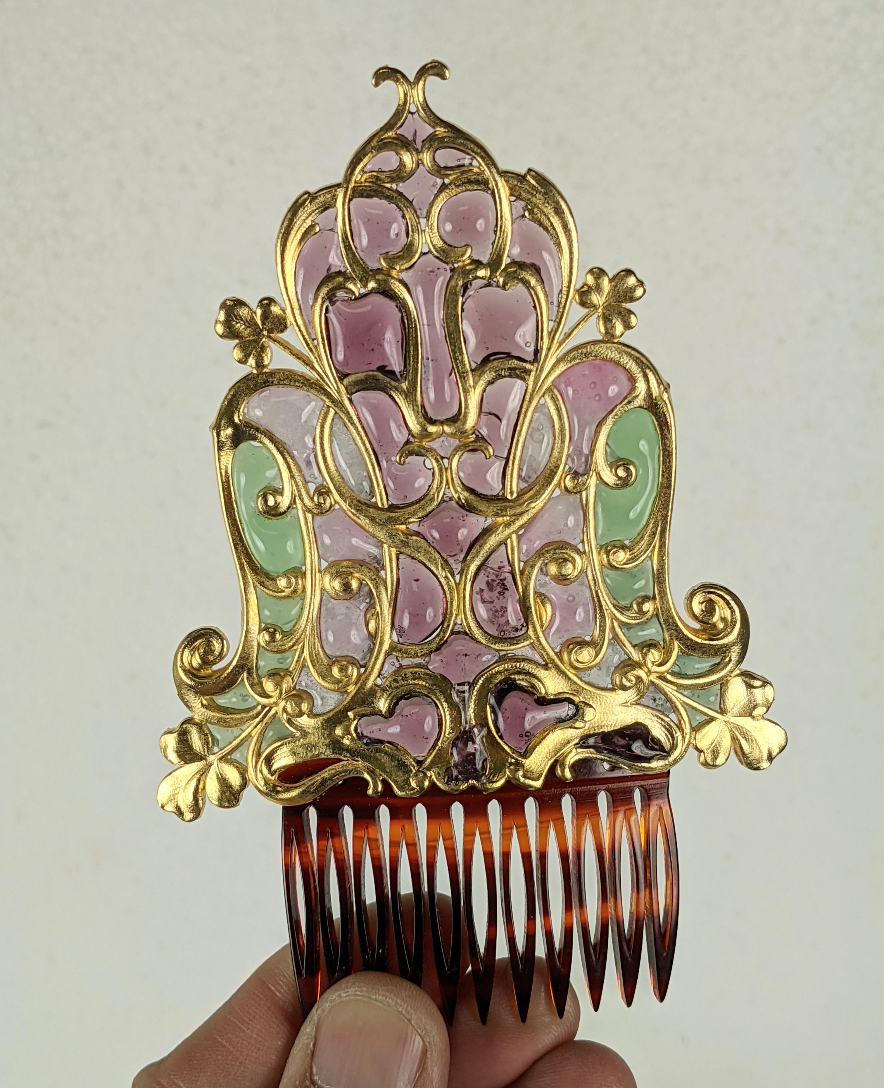 Brown Art Nouveau Poured Glass Plique Comb