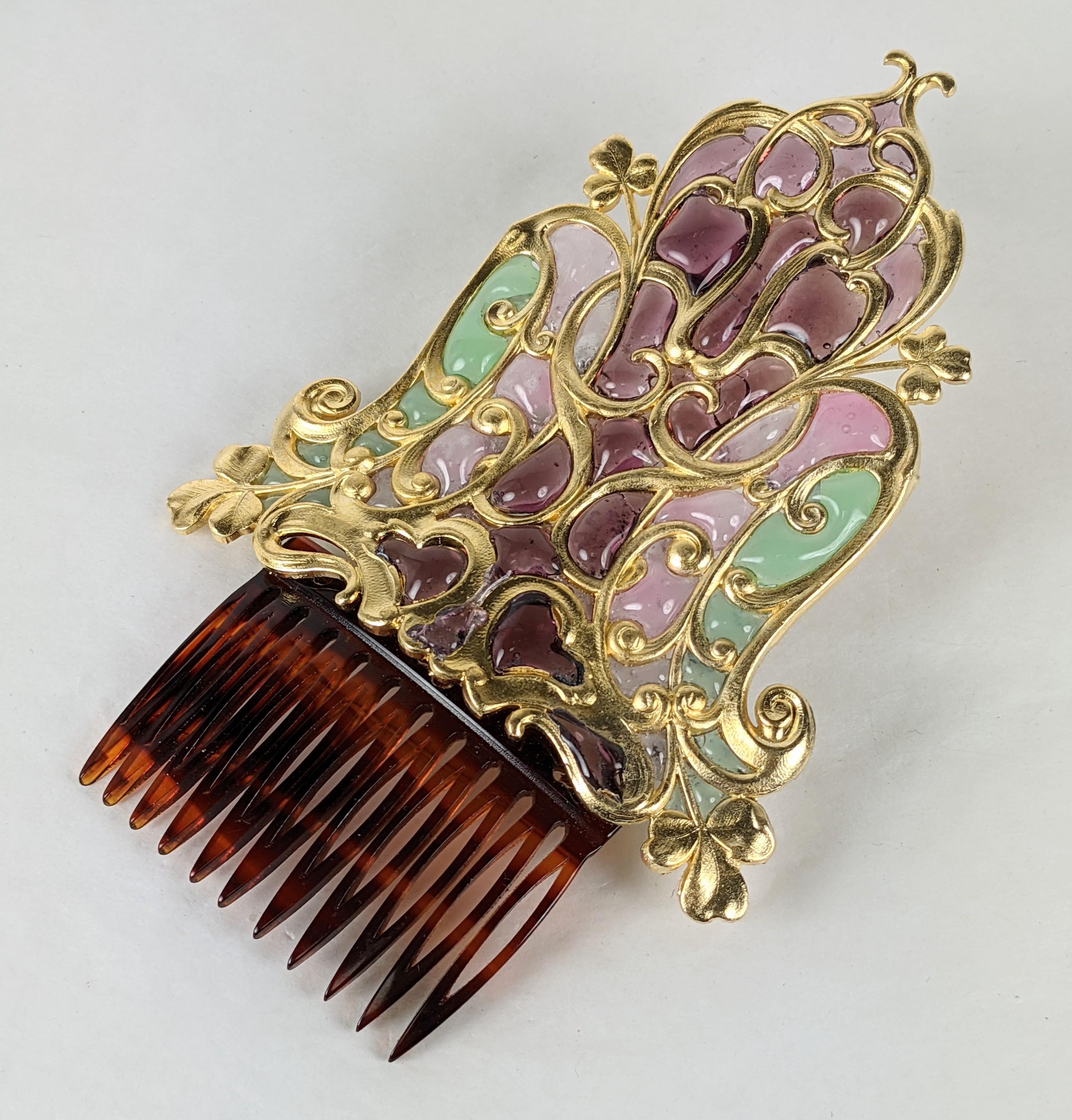 Women's Art Nouveau Poured Glass Plique Comb