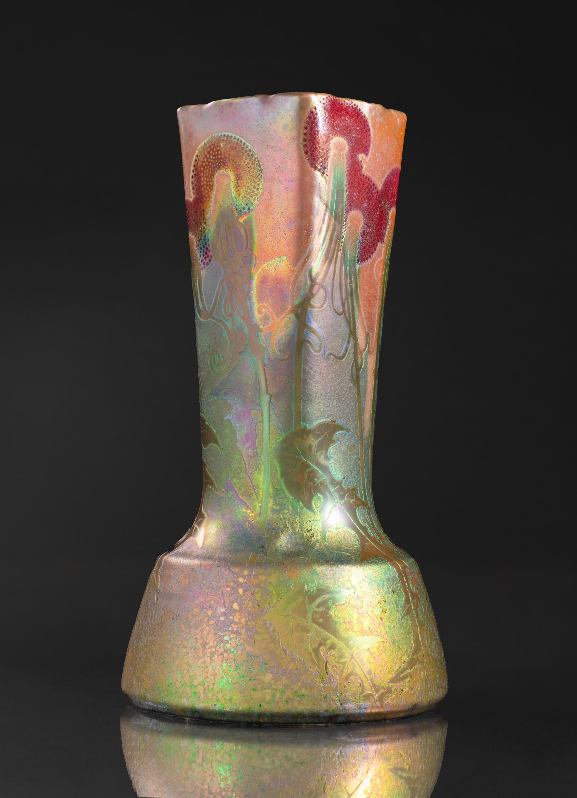 Jarrón Art Nouveau Psicodélico Diente de León de Clement Massier Glaseado en venta
