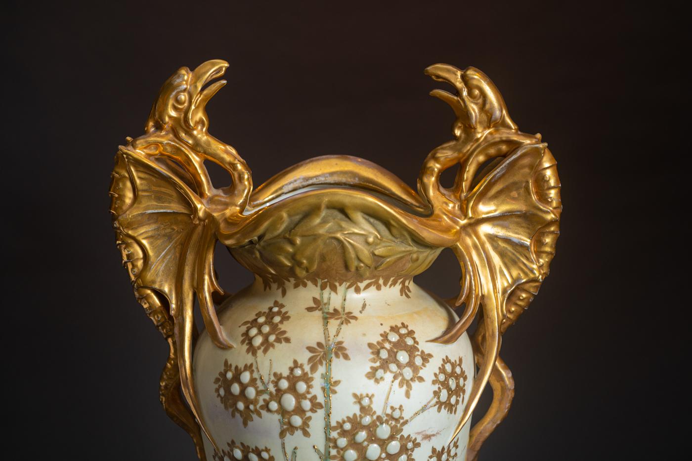 Glazed Art Nouveau Pterodactyl Vase by RStK Amphora with Gilt Handles, Iridescent Glaze For Sale