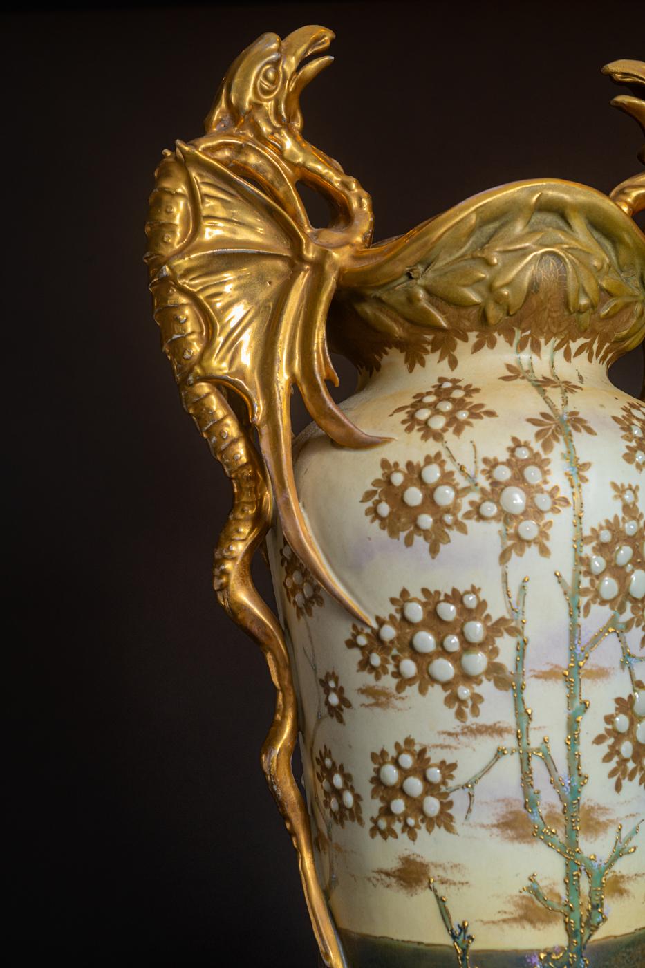 Art Nouveau Pterodactyl Vase by RStK Amphora with Gilt Handles, Iridescent Glaze In Good Condition For Sale In Chicago, US