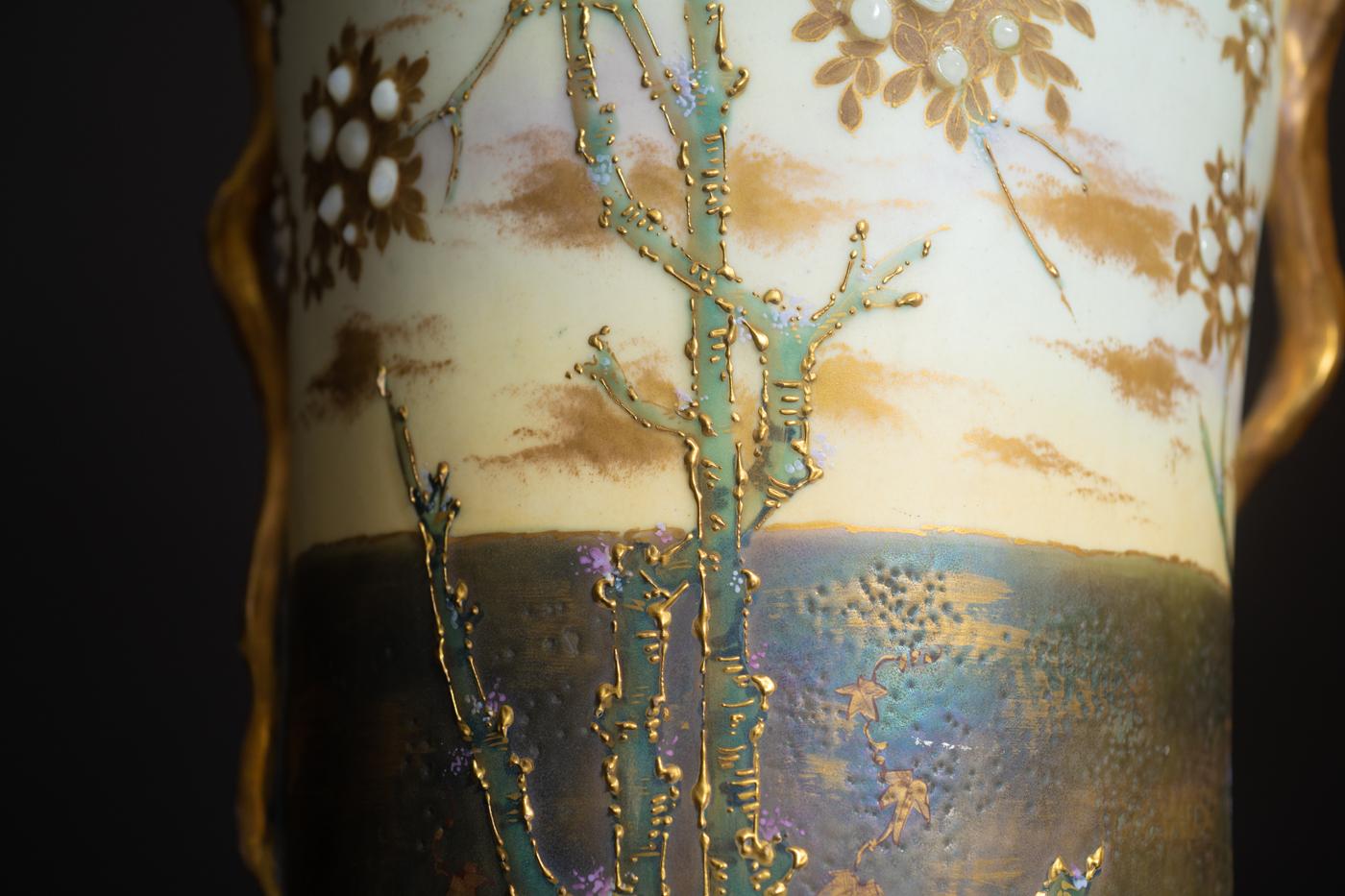 Porcelain Art Nouveau Pterodactyl Vase by RStK Amphora with Gilt Handles, Iridescent Glaze For Sale