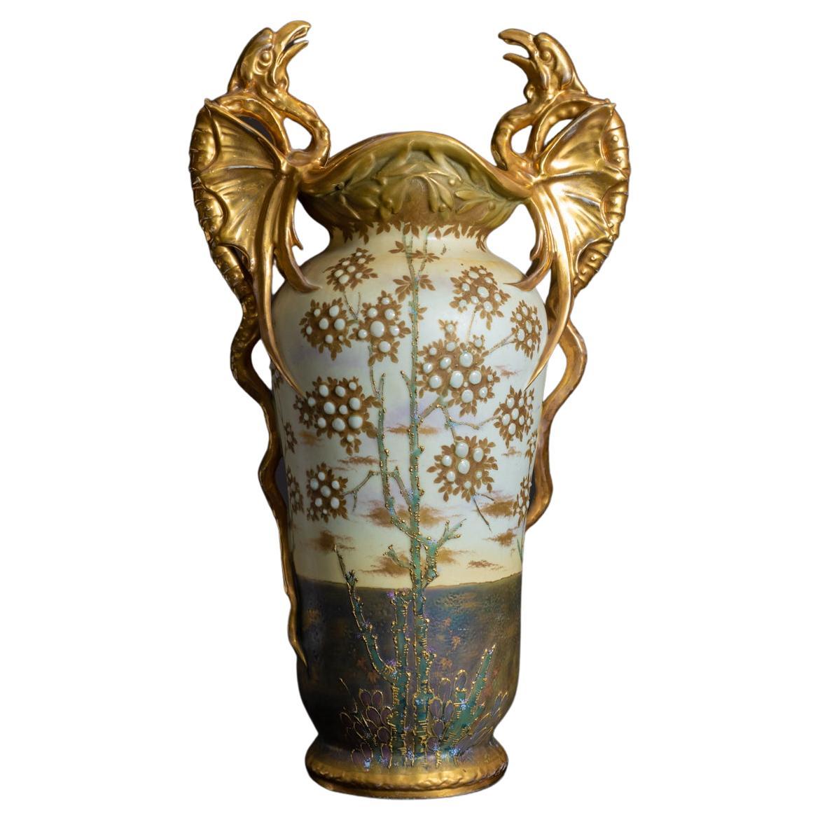 Art Nouveau Pterodactyl Vase by RStK Amphora with Gilt Handles, Iridescent Glaze For Sale