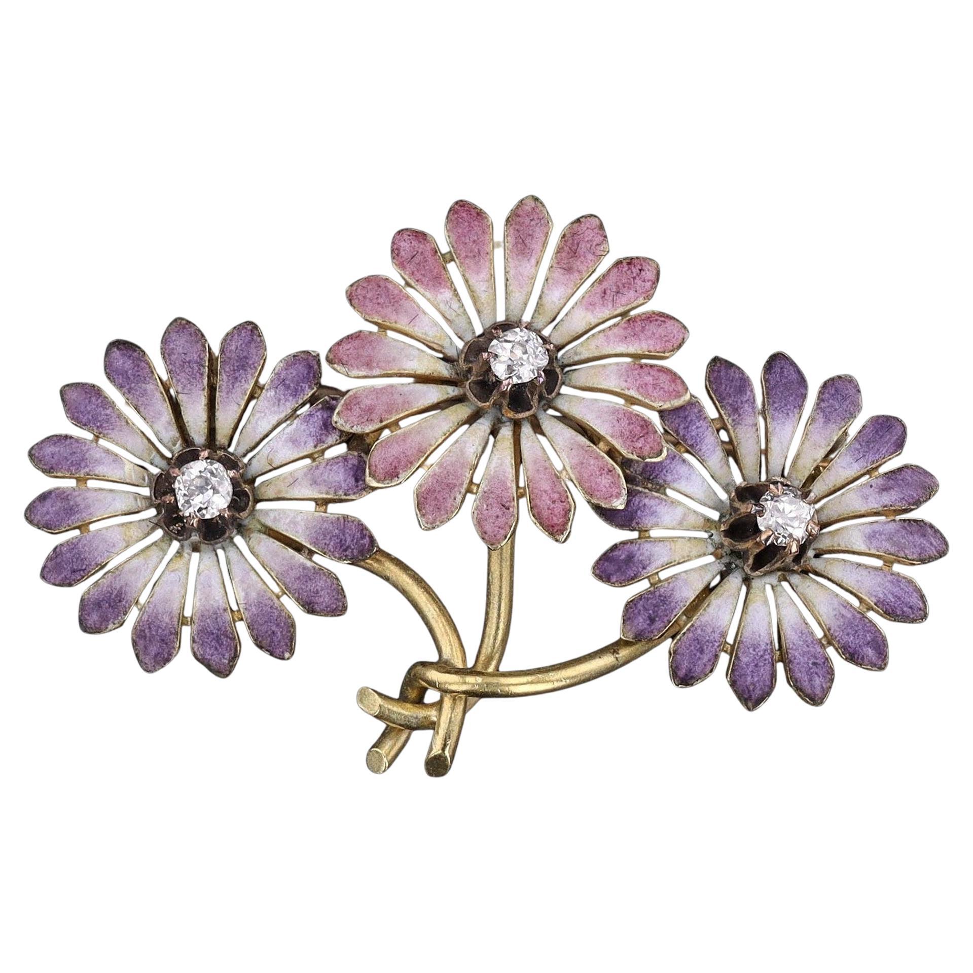 Art Nouveau Purple and Pink Enamel Daisy Brooch of 14k Gold