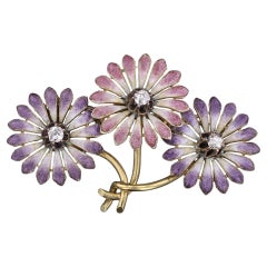 Art Nouveau Purple and Pink Enamel Daisy Brooch of 14k Gold