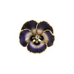  Art Nouveau Purple Enamel Diamond 14 Karat Gold Pansy Pin Pendant
