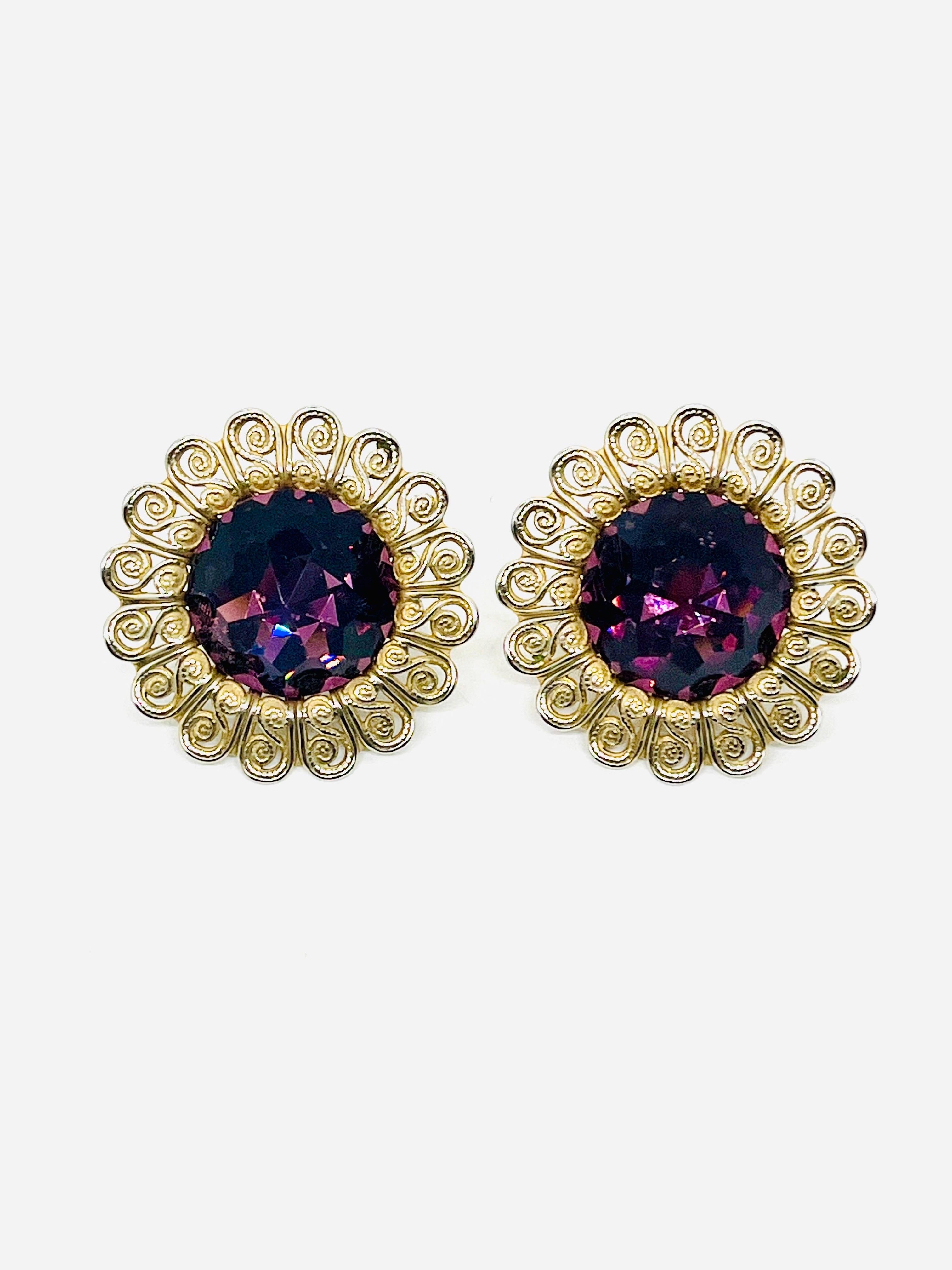 Mixed Cut Art Nouveau Purple Rivoli Crystal Pinwire Halo Sunflower Clip Earrings For Sale
