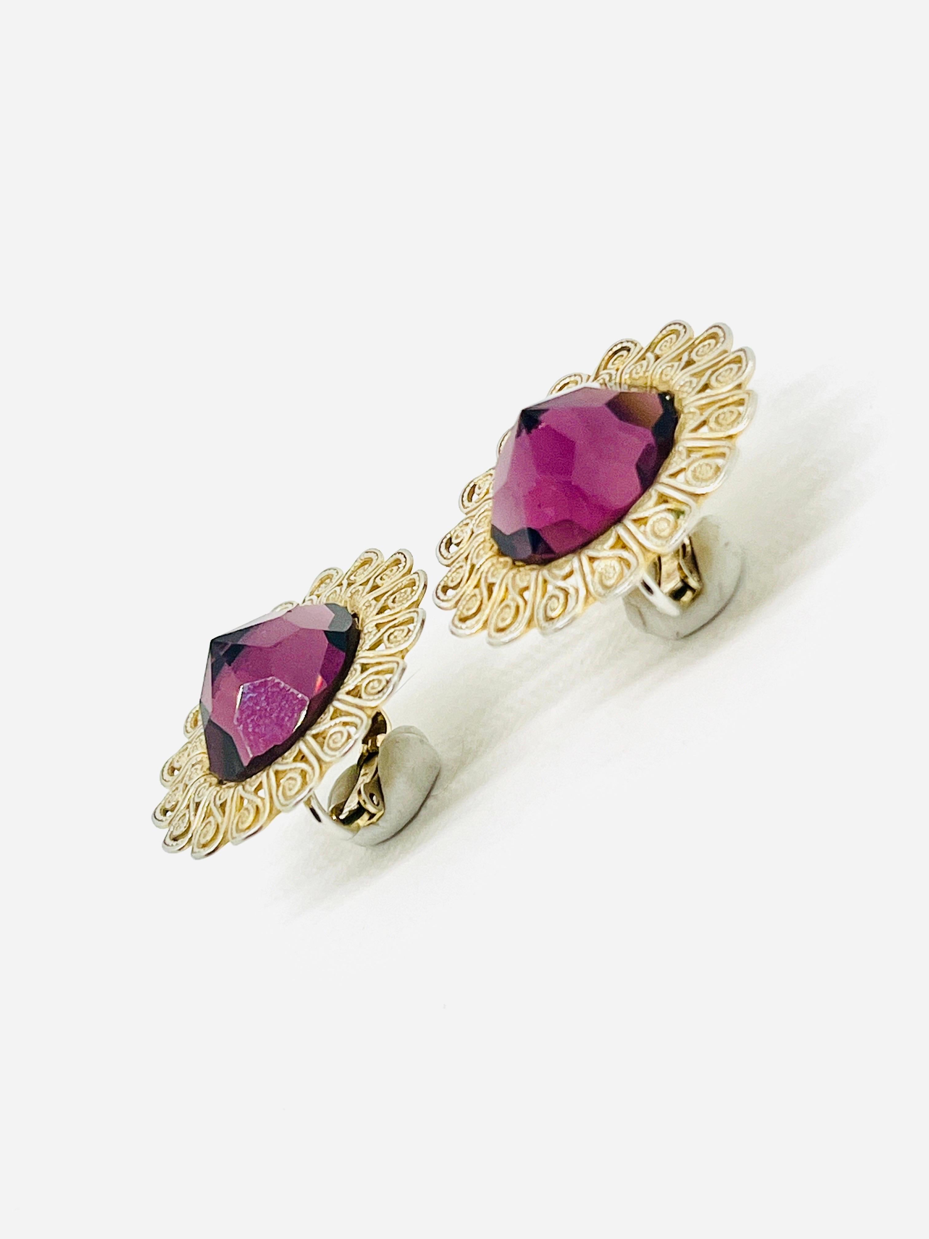 Art Nouveau Purple Rivoli Crystal Pinwire Halo Sunflower Clip Earrings For Sale 1