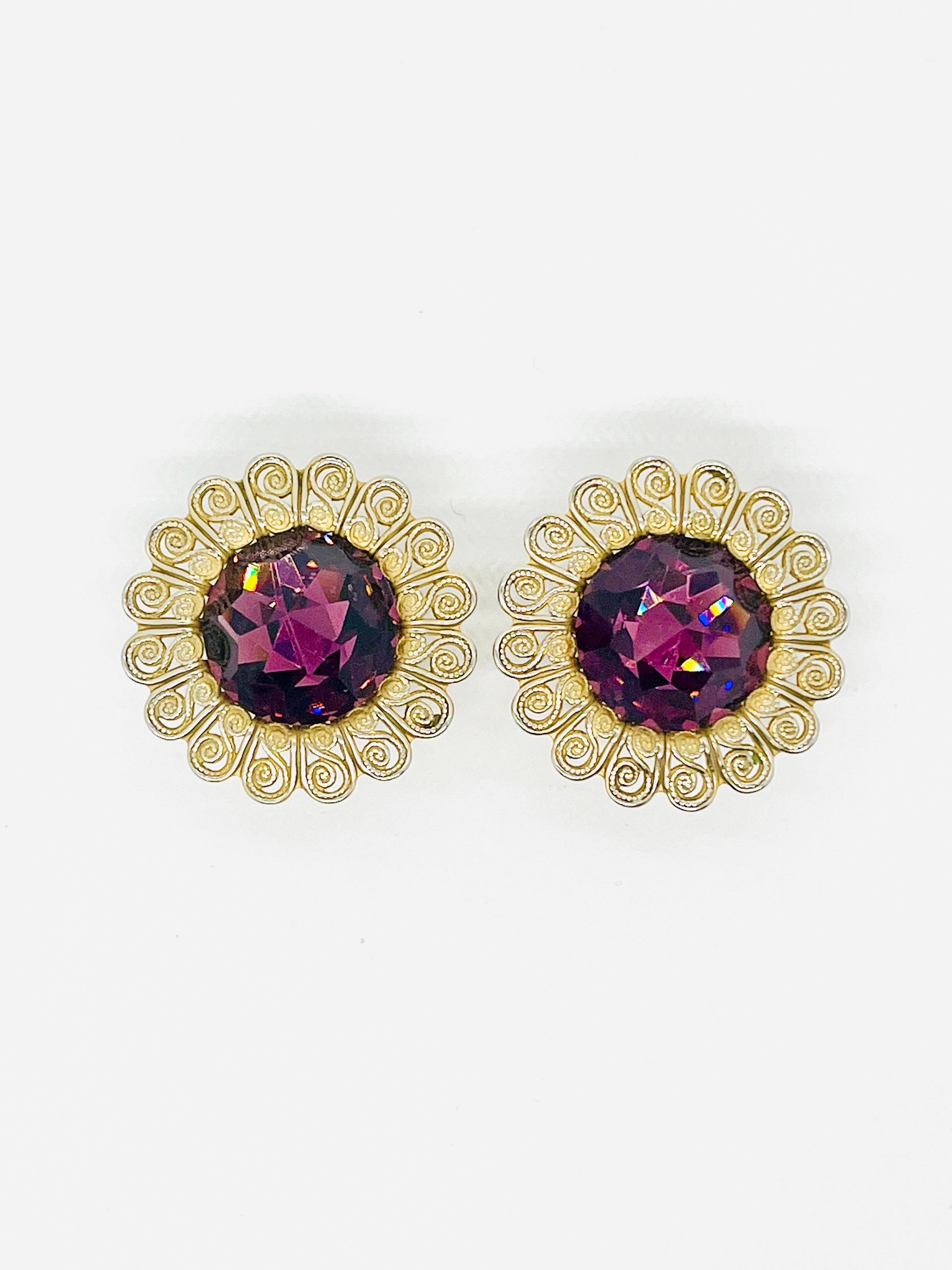 Art Nouveau Purple Rivoli Crystal Pinwire Halo Sunflower Clip Earrings For Sale 2