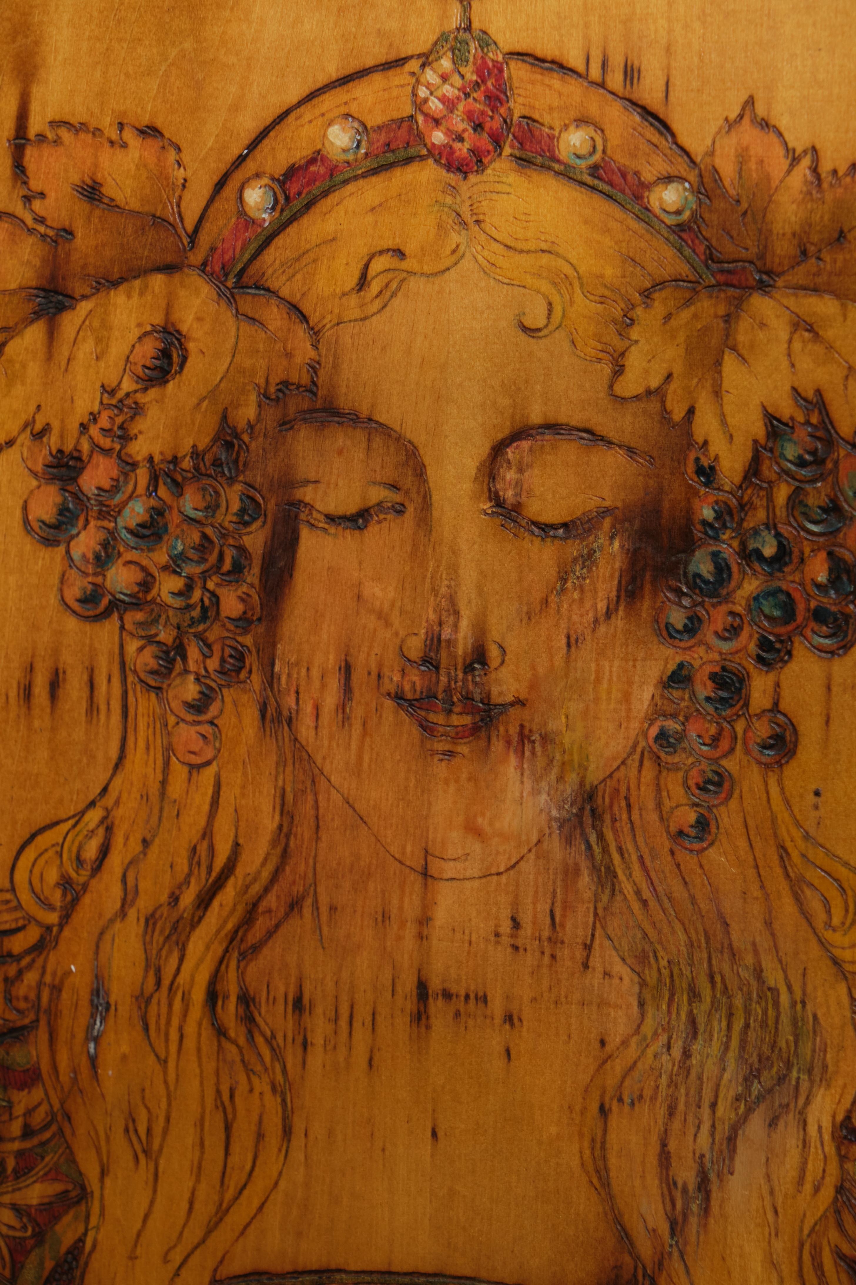 Wood Art Nouveau Pyrography Three-panel Screen in the Style of Alphonse Mucha, C 1900