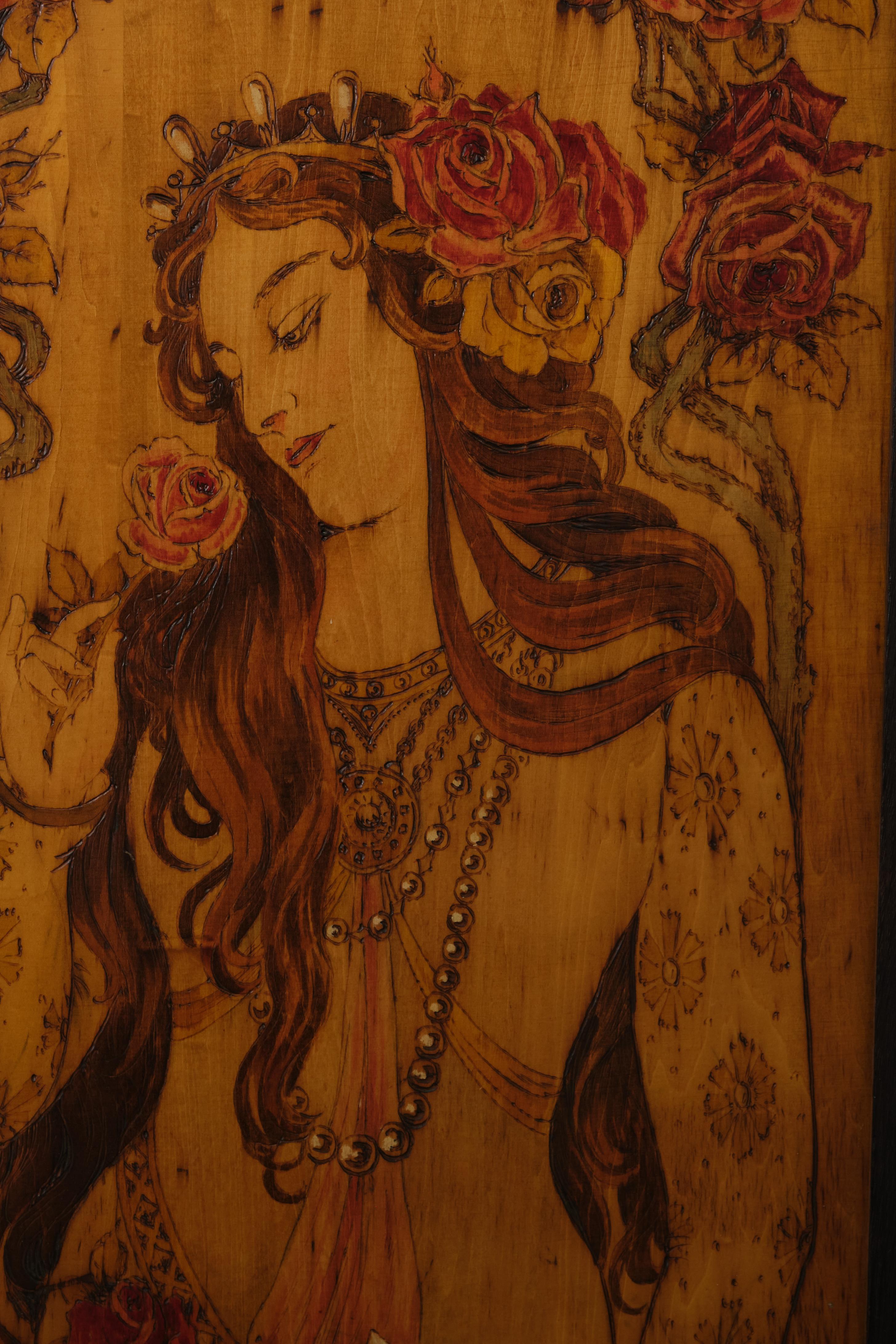 Art Nouveau Pyrography Three-panel Screen in the Style of Alphonse Mucha, C 1900 2
