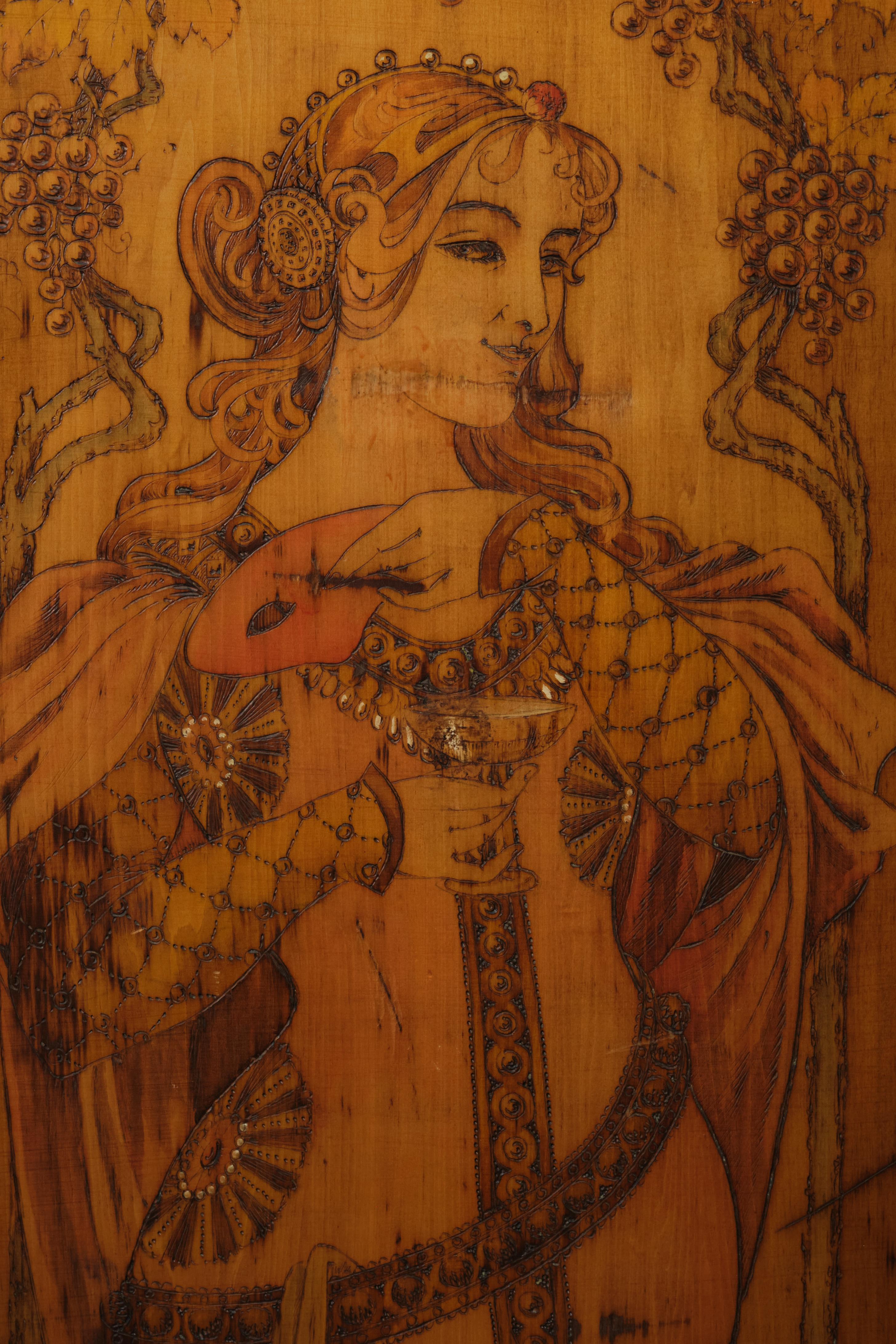 Art Nouveau Pyrography Three-panel Screen in the Style of Alphonse Mucha, C 1900 4