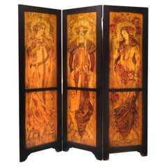 Art Nouveau Pyrography Three-panel Screen in the Style of Alphonse Mucha, C 1900