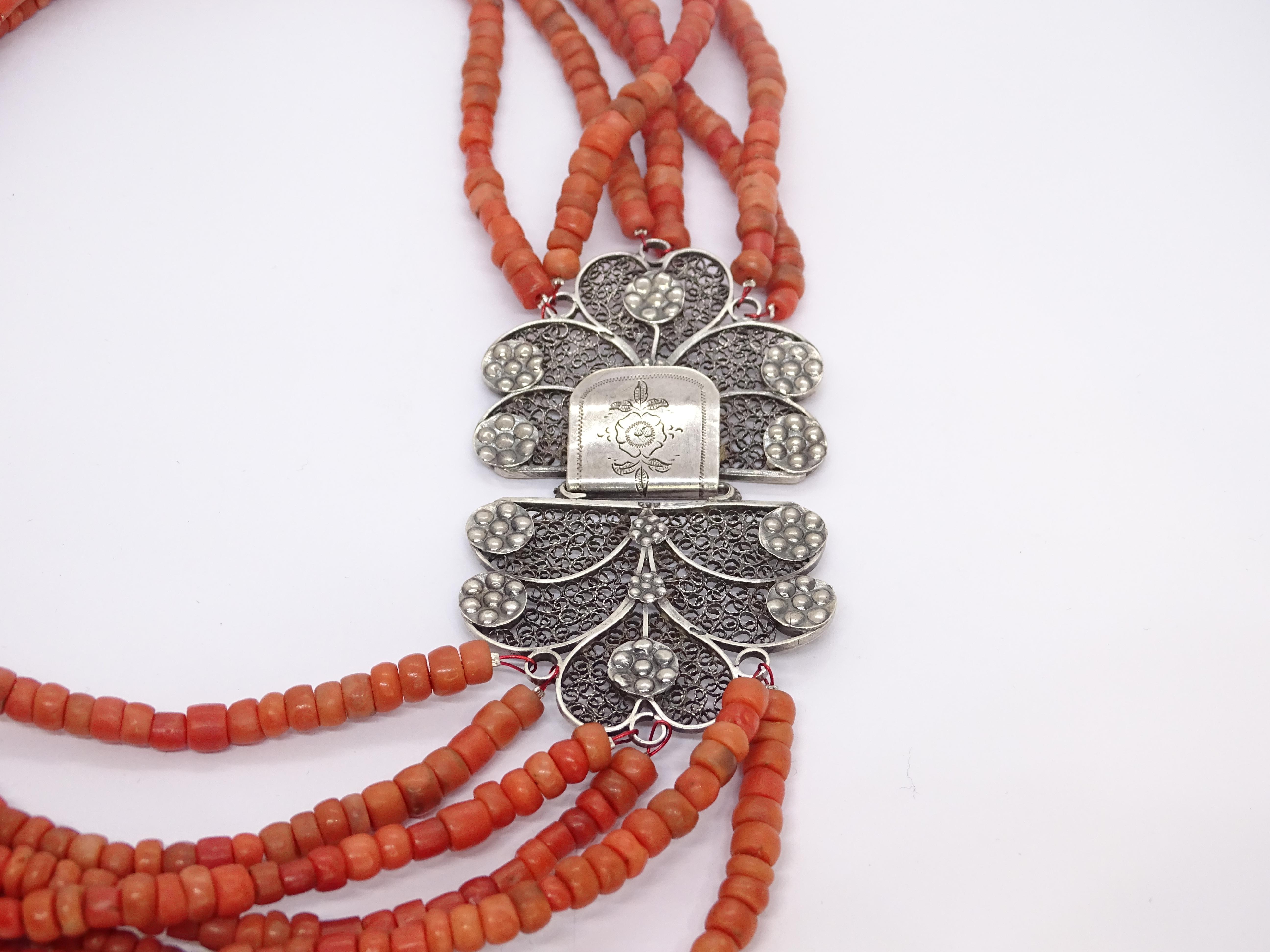 Art Nouveau Red coral necklace, filigree brooch, Dutch silver 835 6
