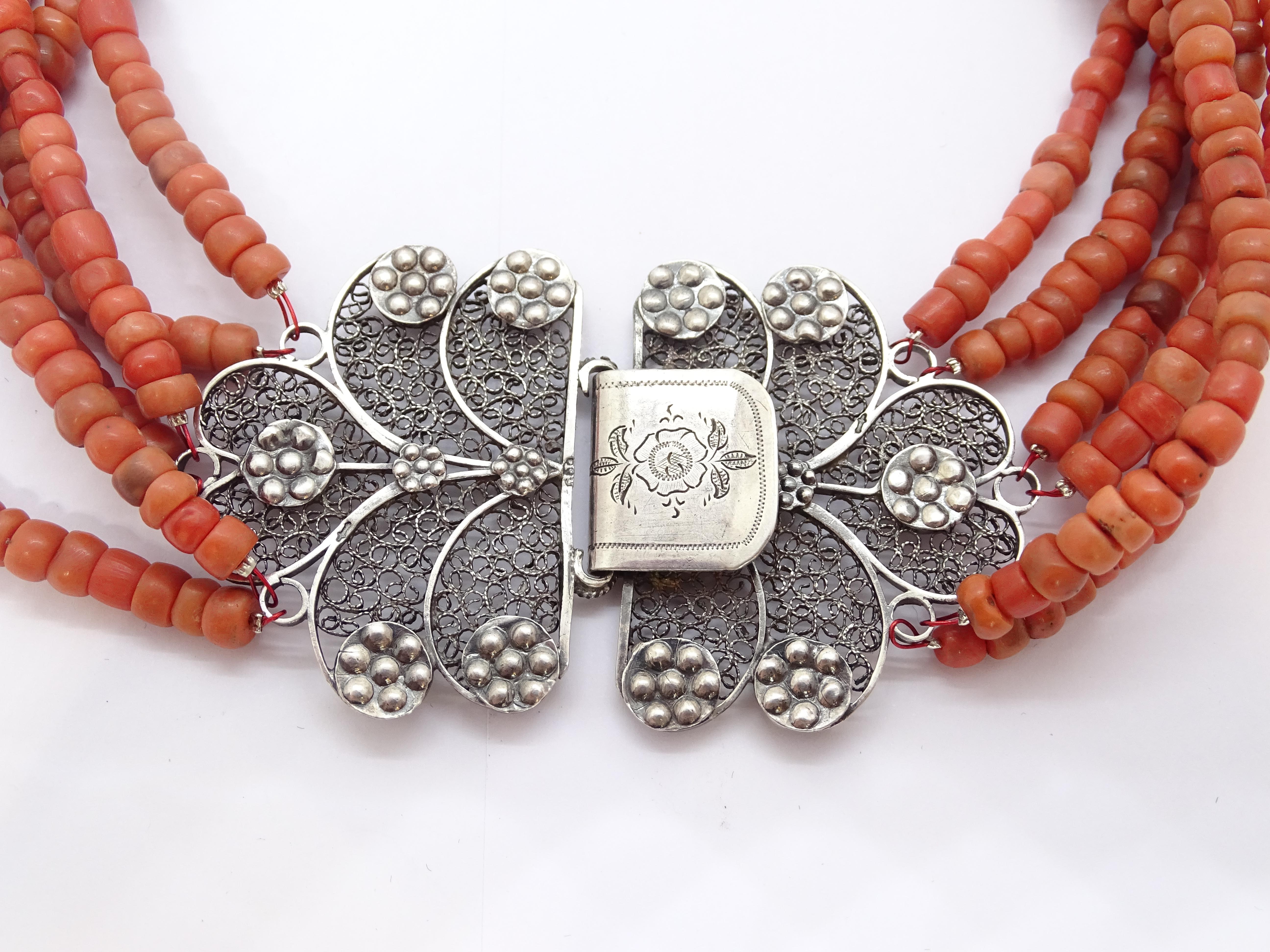 Art Nouveau Red coral necklace, filigree brooch, Dutch silver 835 8