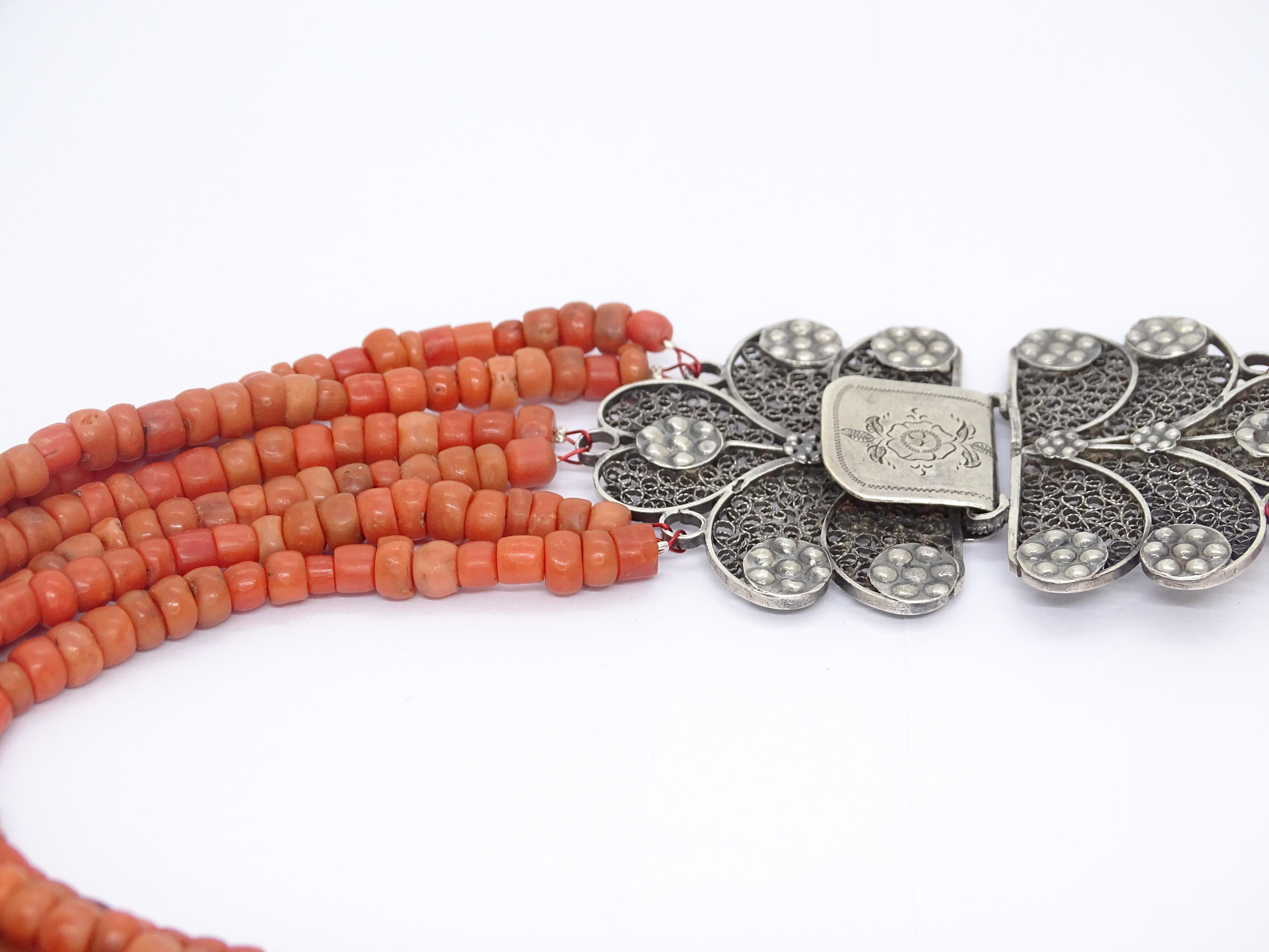 Art Nouveau Red coral necklace, filigree brooch, Dutch silver 835 14