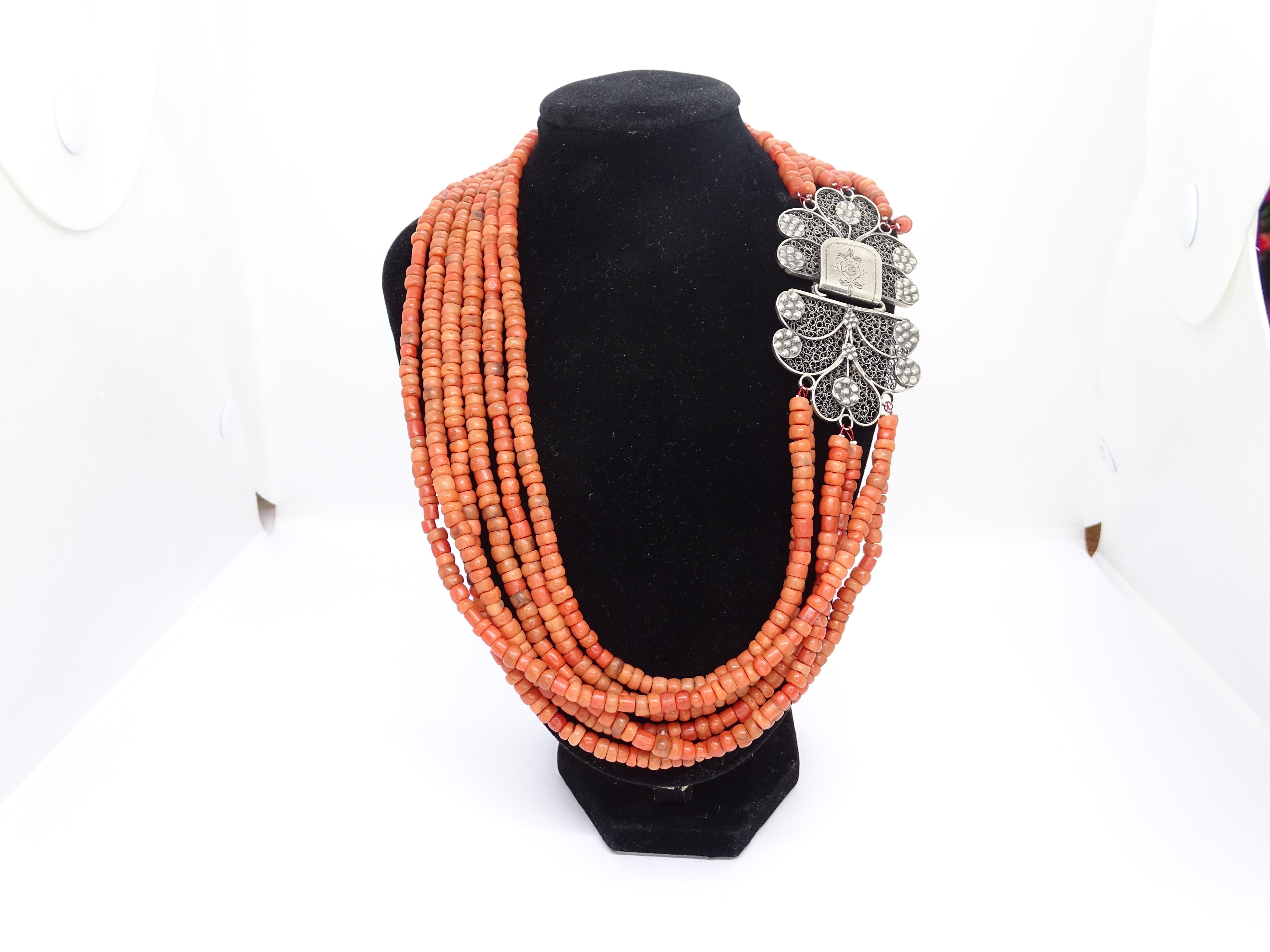 Art Nouveau Red coral necklace, filigree brooch, Dutch silver 835 15