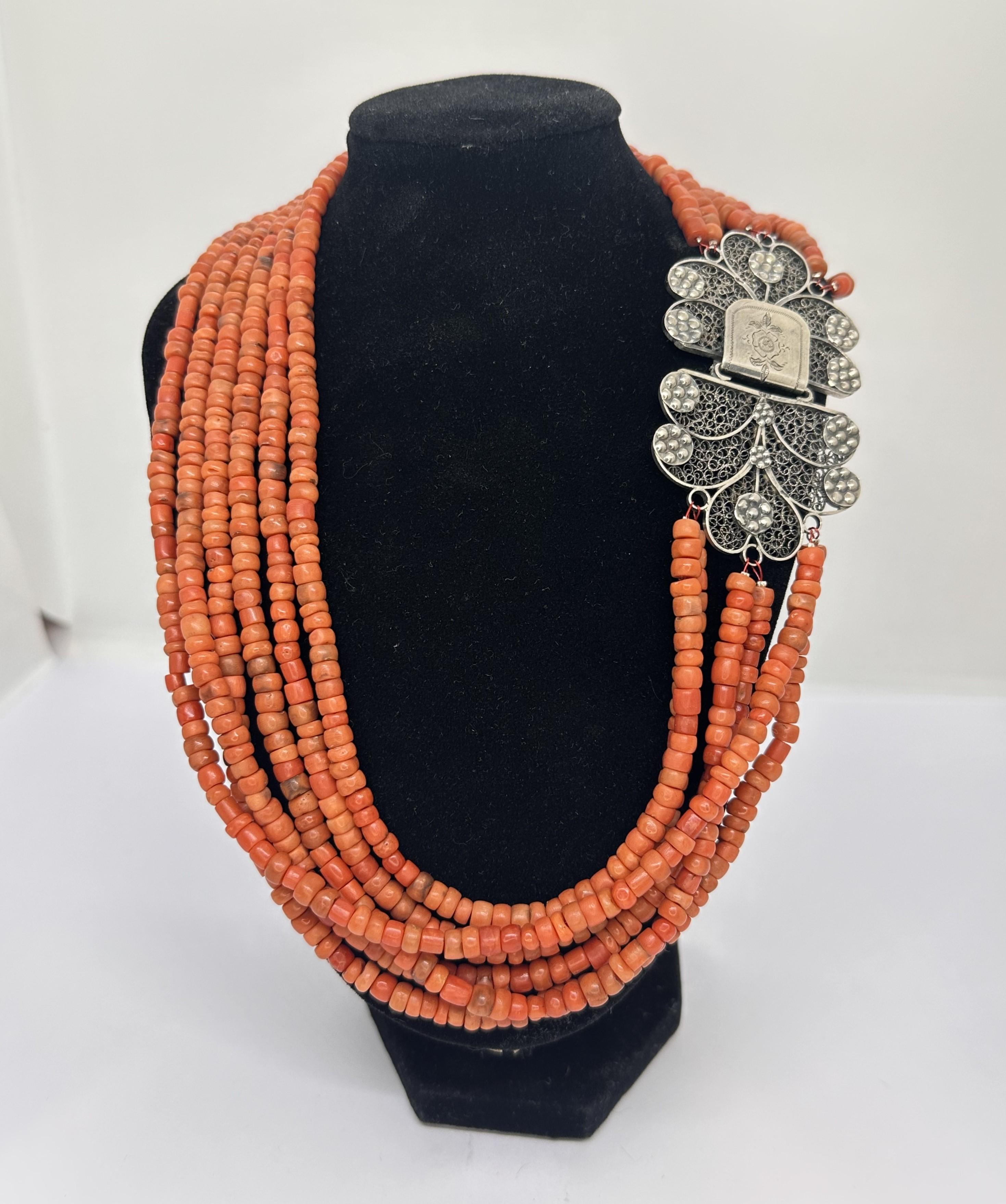 Art Nouveau Red coral necklace, filigree brooch, Dutch silver 835 2