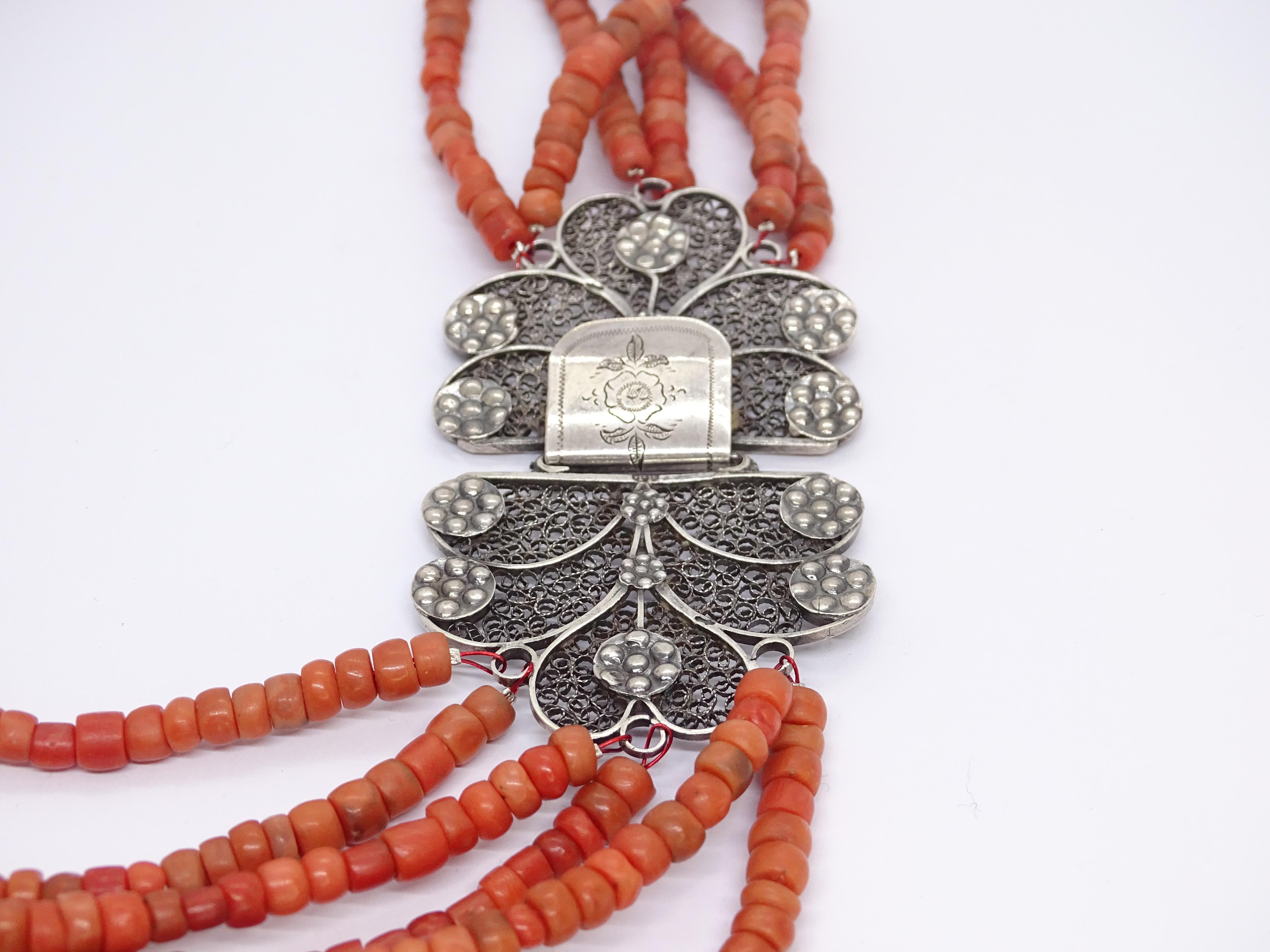 Art Nouveau Red coral necklace, filigree brooch, Dutch silver 835 4
