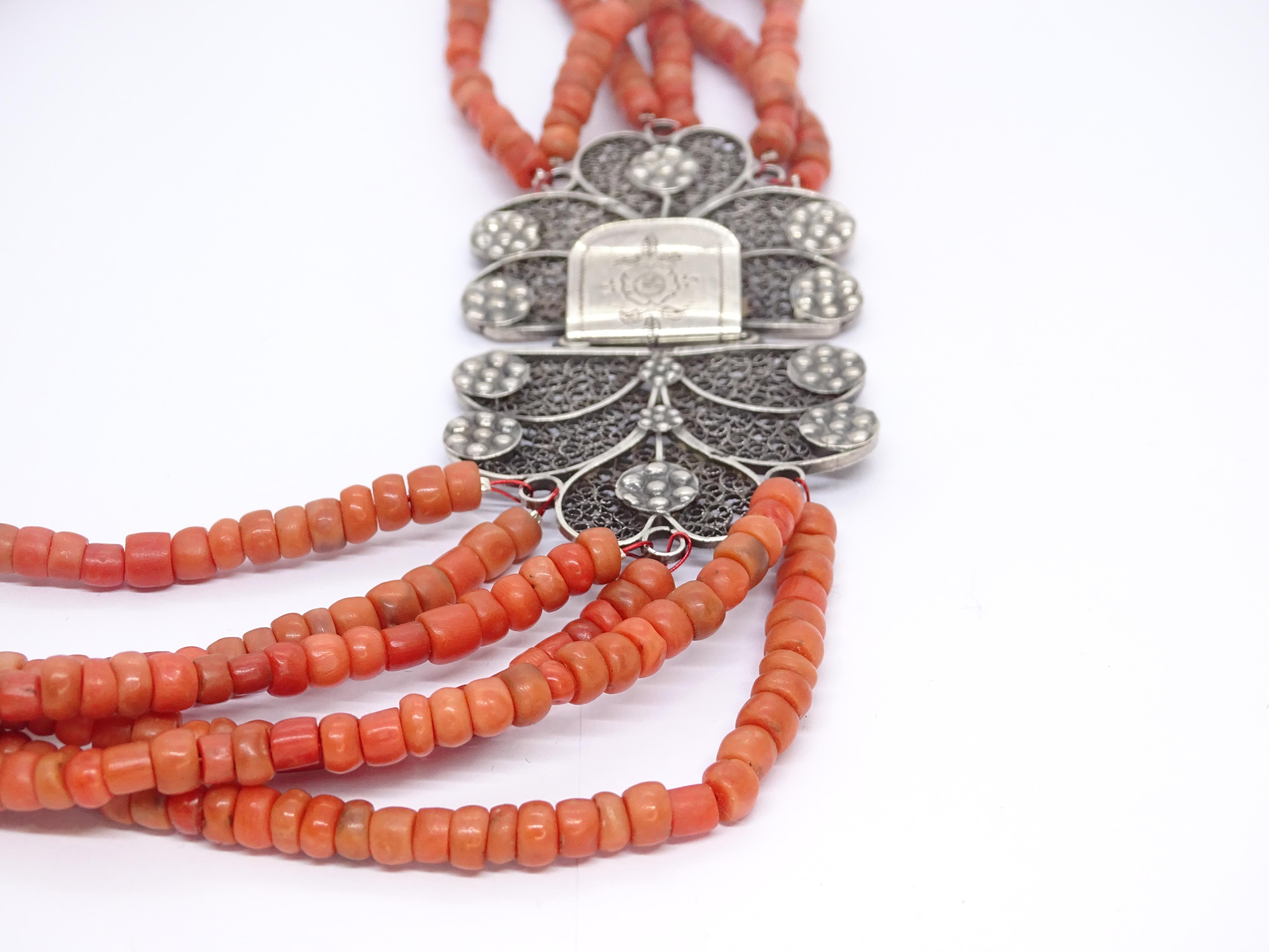 Art Nouveau Red coral necklace, filigree brooch, Dutch silver 835 5