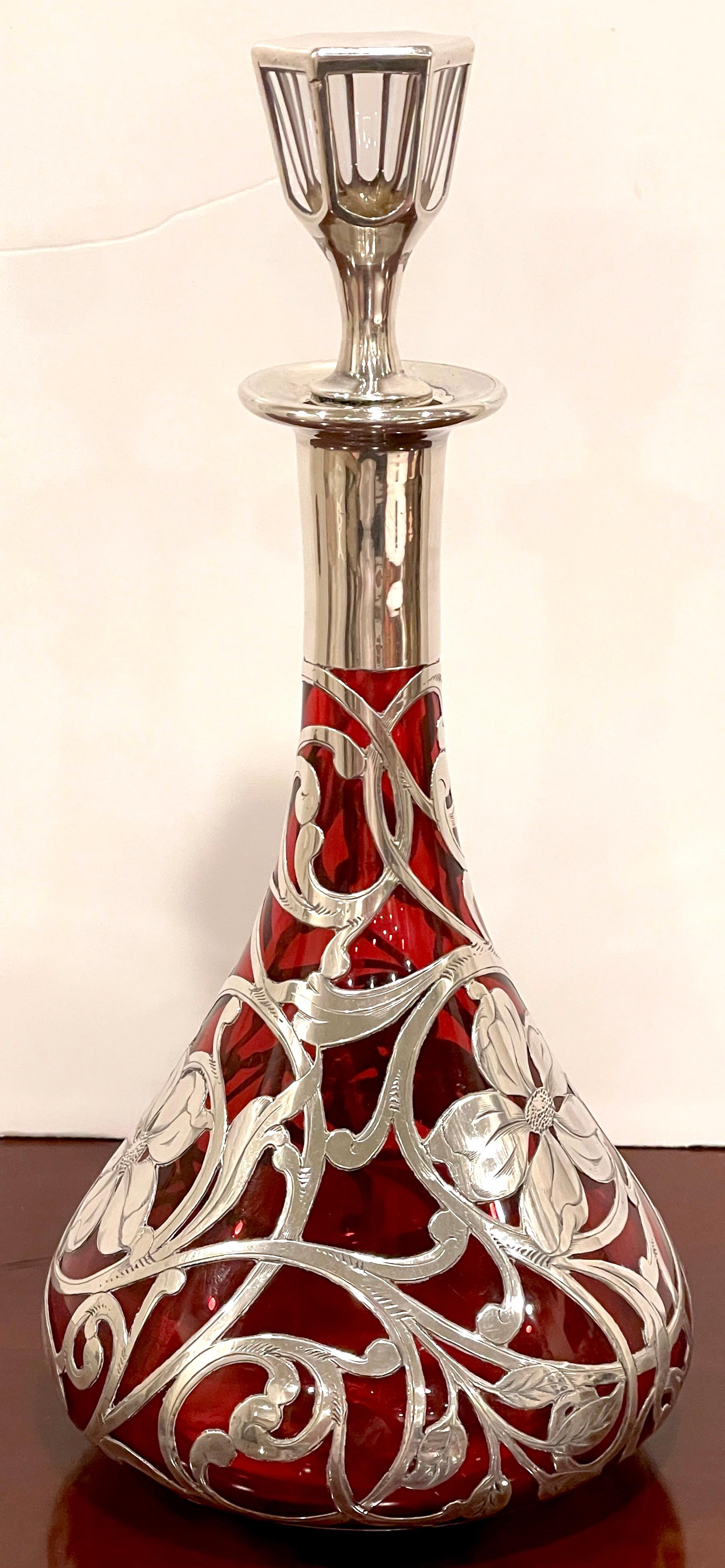 Art Nouveau Red Glass Silver Overlay Decanter by La Pierre Silver Co 4