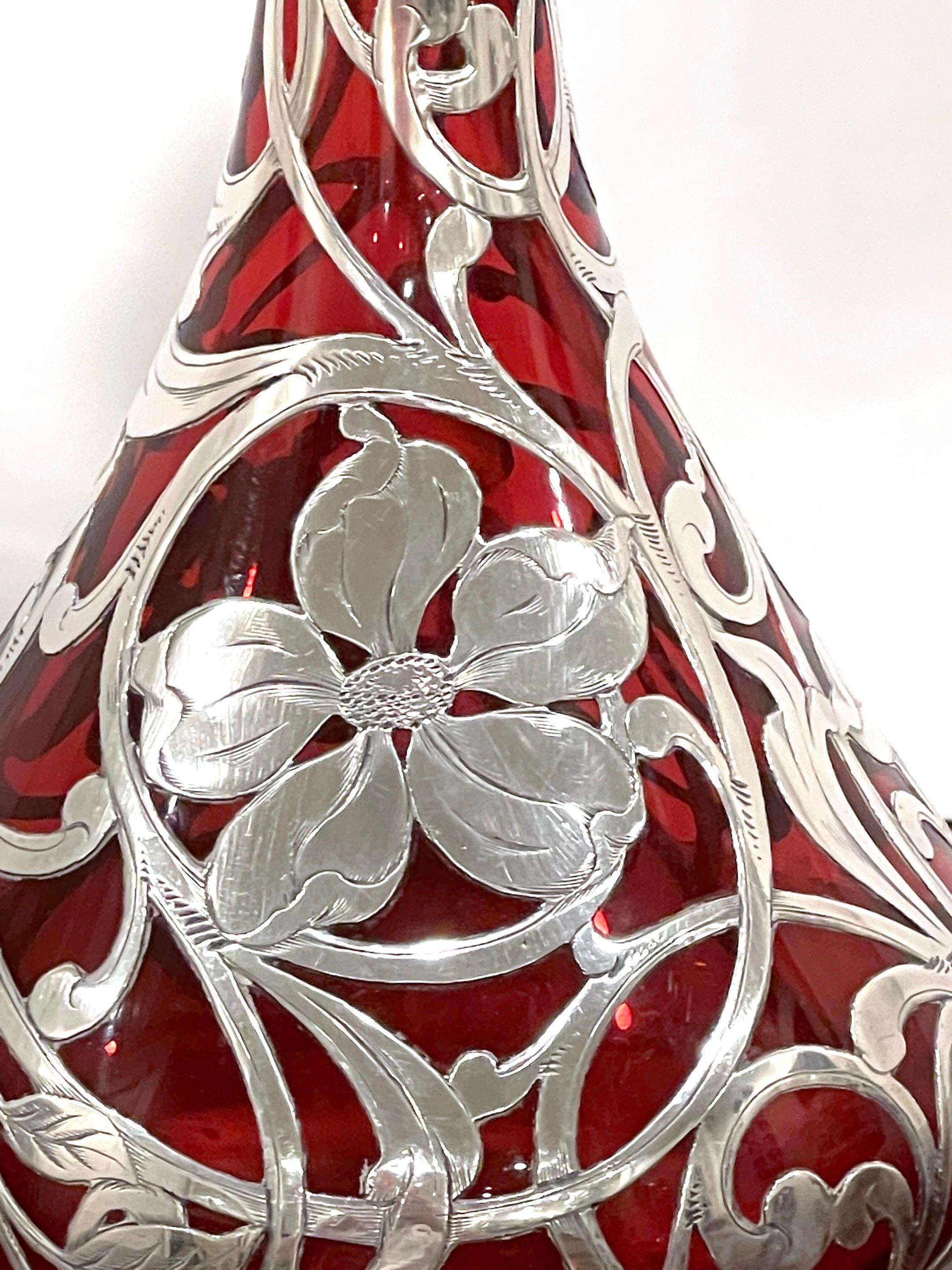 American Art Nouveau Red Glass Silver Overlay Decanter by La Pierre Silver Co