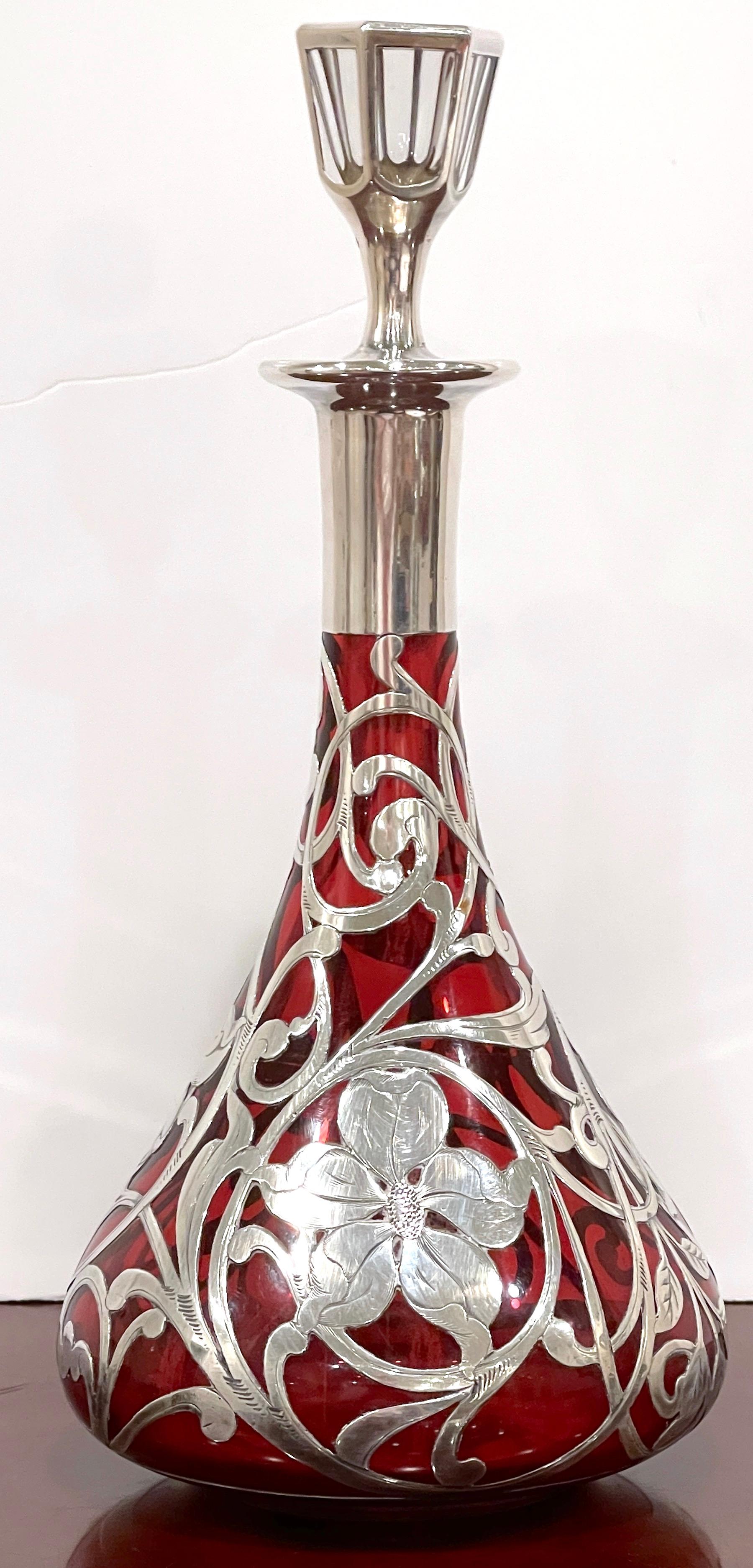 Art Nouveau Red Glass Silver Overlay Decanter by La Pierre Silver Co In Good Condition In West Palm Beach, FL