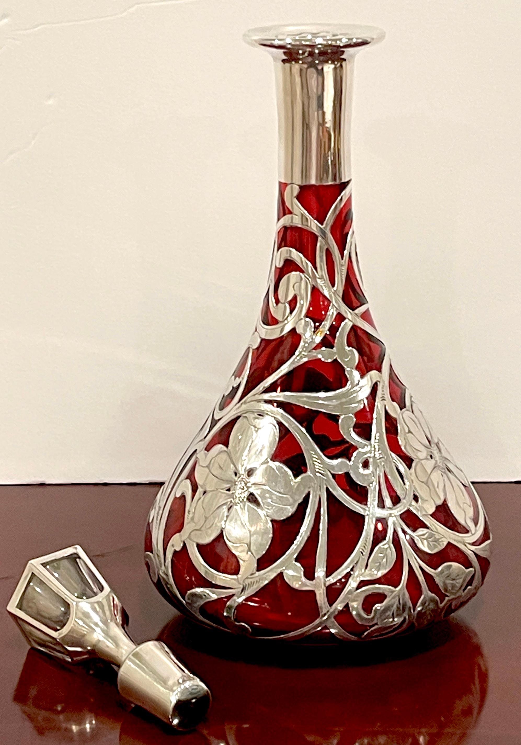 Sterling Silver Art Nouveau Red Glass Silver Overlay Decanter by La Pierre Silver Co