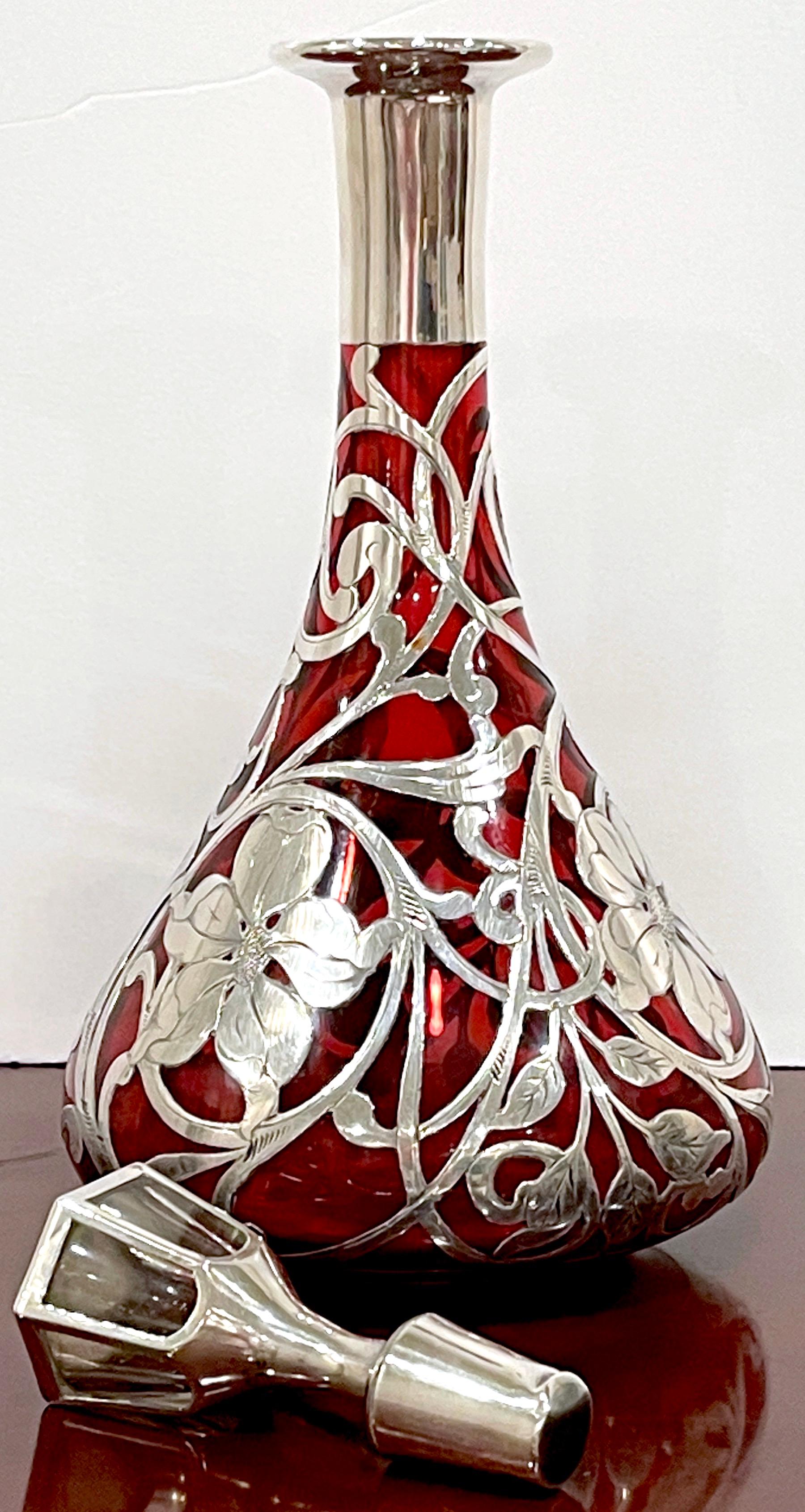 Art Nouveau Red Glass Silver Overlay Decanter by La Pierre Silver Co 1