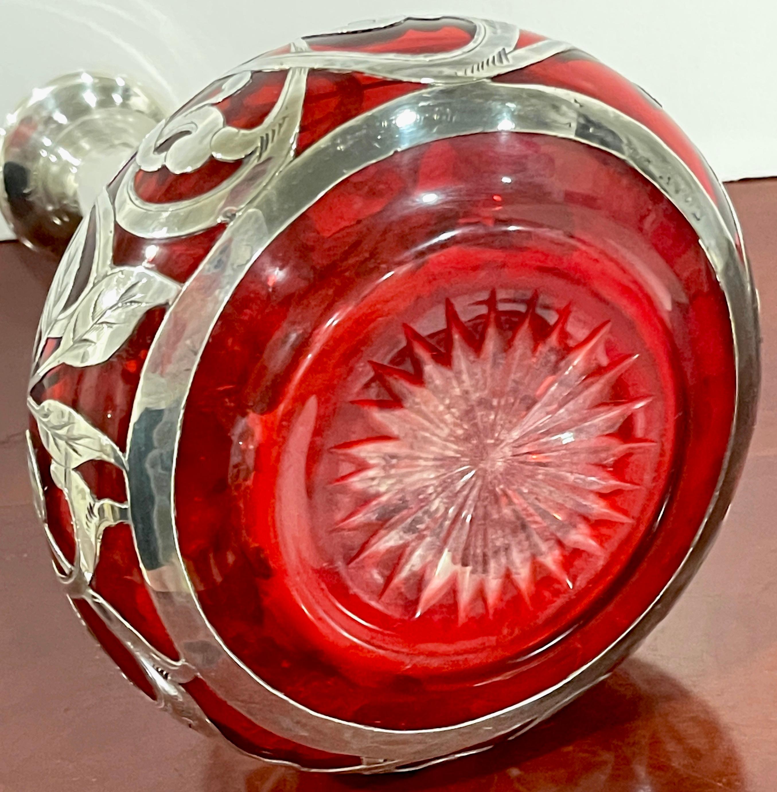Art Nouveau Red Glass Silver Overlay Decanter by La Pierre Silver Co 2