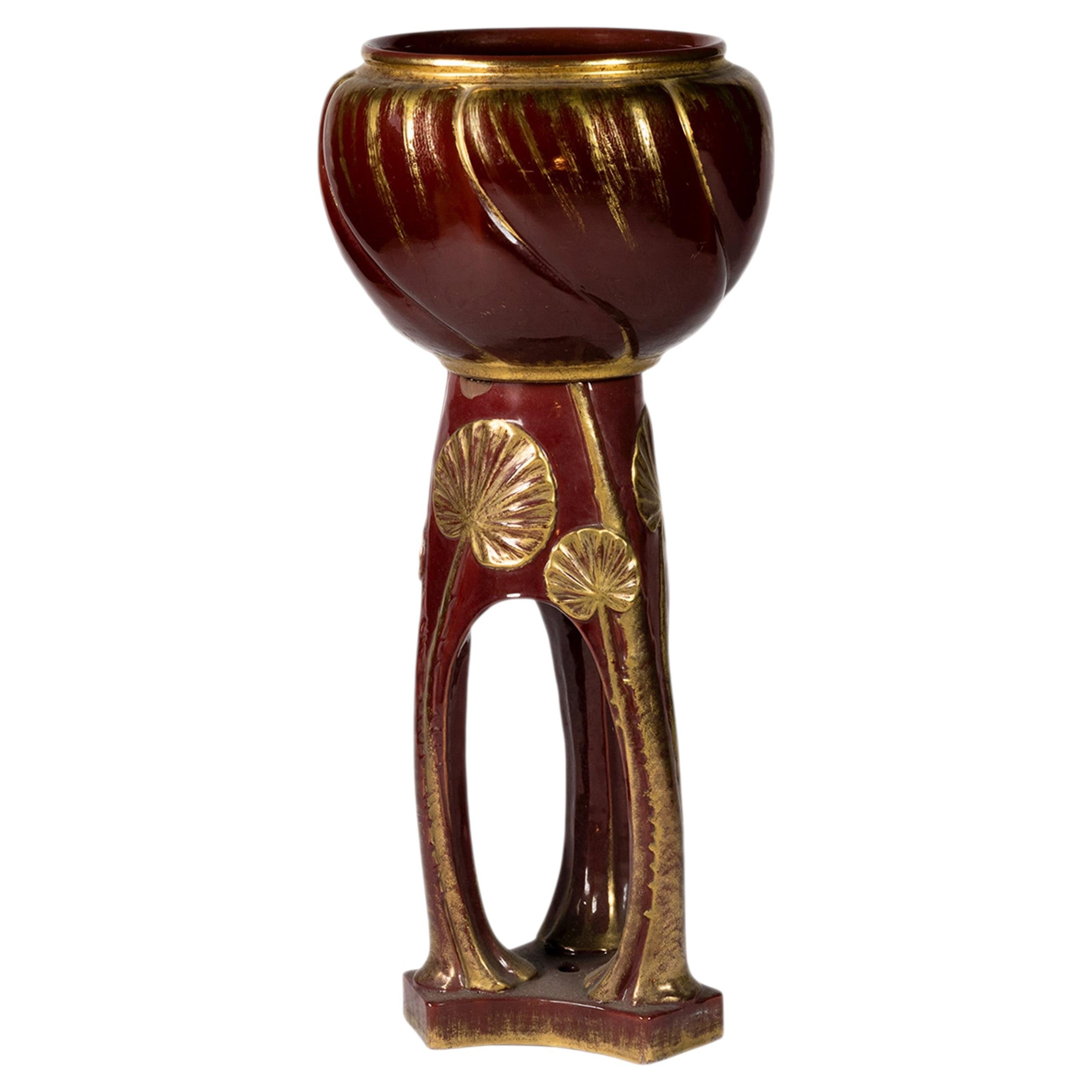 Art Nouveau Red Pedestal Cachepot, Delphin Massier Majolica, 1900s For Sale